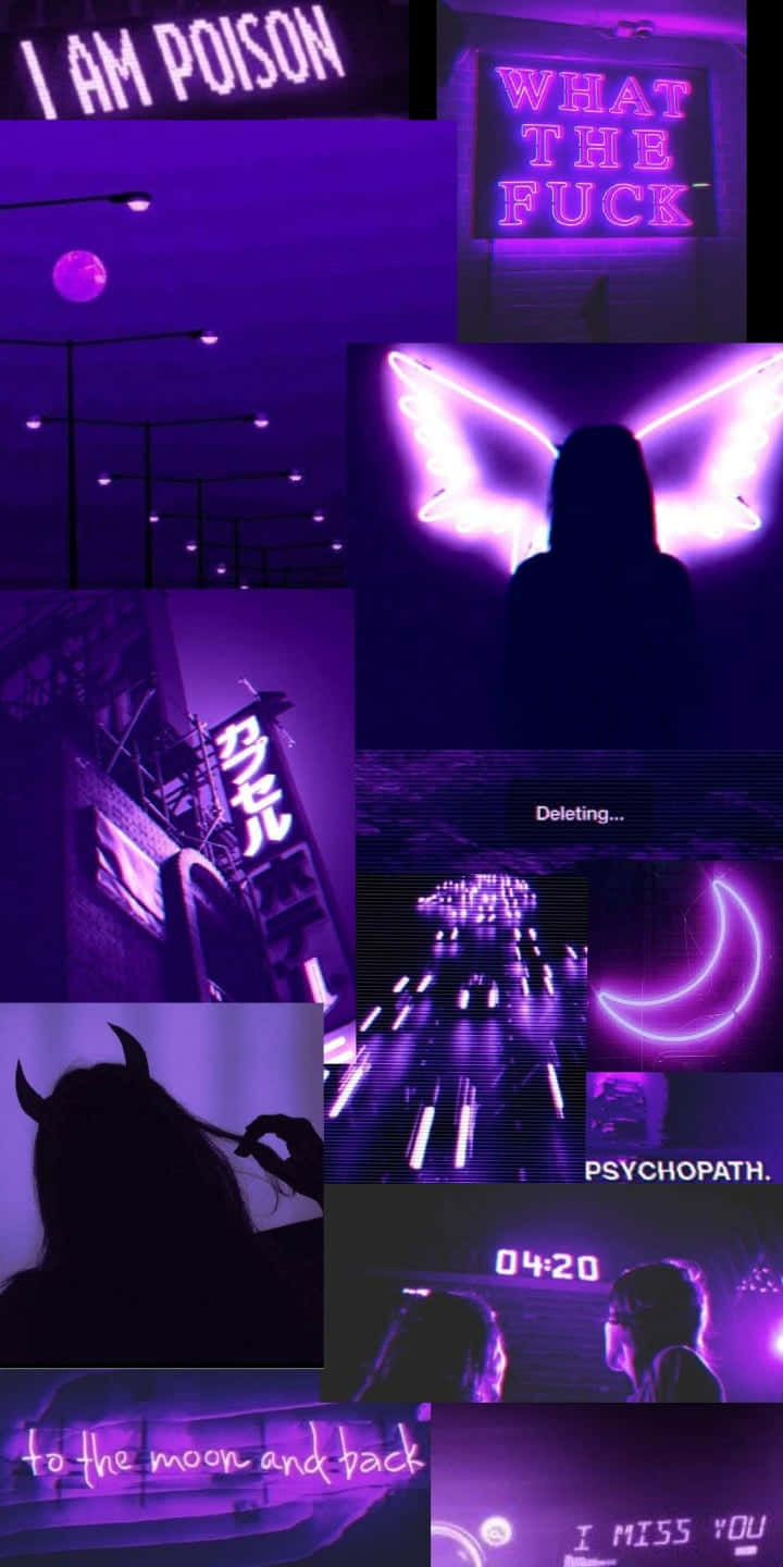 Purple Aesthetic Tumblr 桌布 壁紙 — 帶有「I AM POISON」和「PSYCHOPATH」等短語的陰鬱紫色拼貼畫，包含霓虹燈、剪影和故障效果