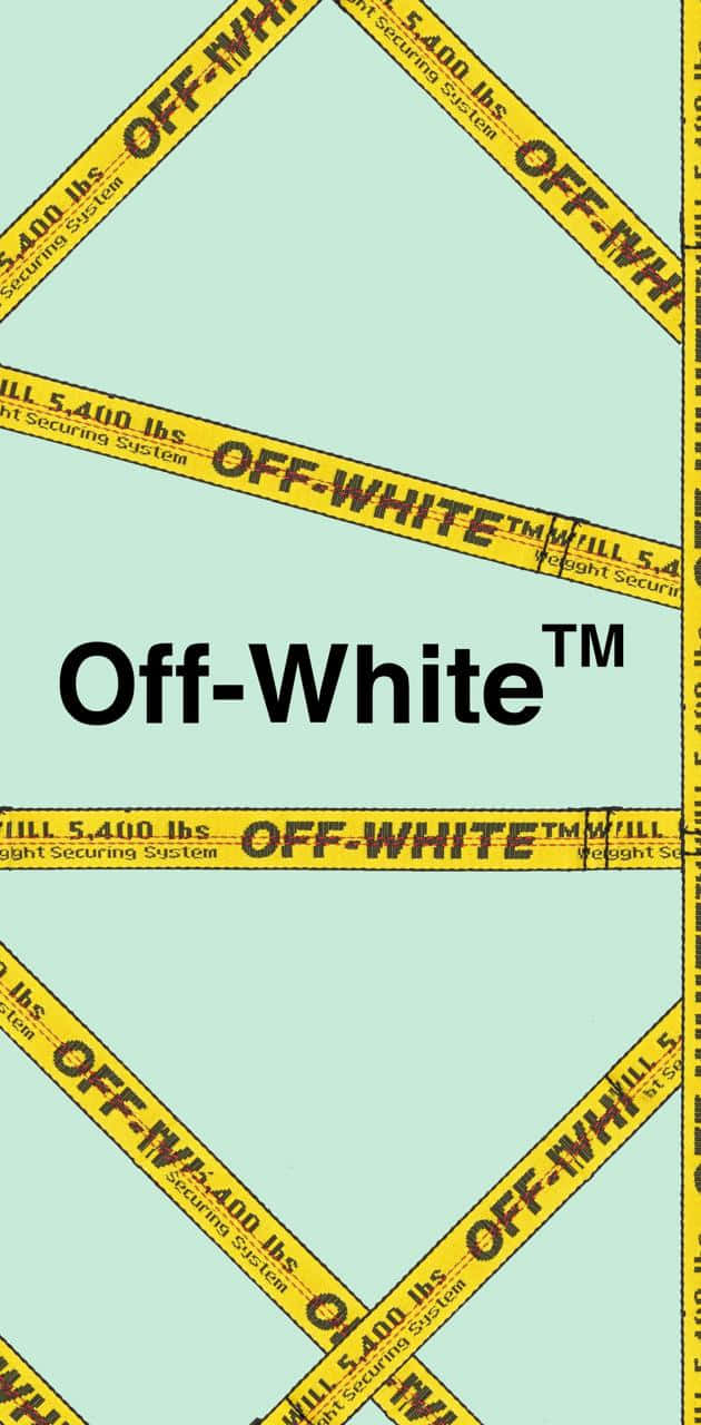 Off White iPhone 桌布 壁紙 — 帶有 'Off-White' 品牌的黃色警示帶交叉在淡薄荷色背景上，並有粗體黑色標誌。