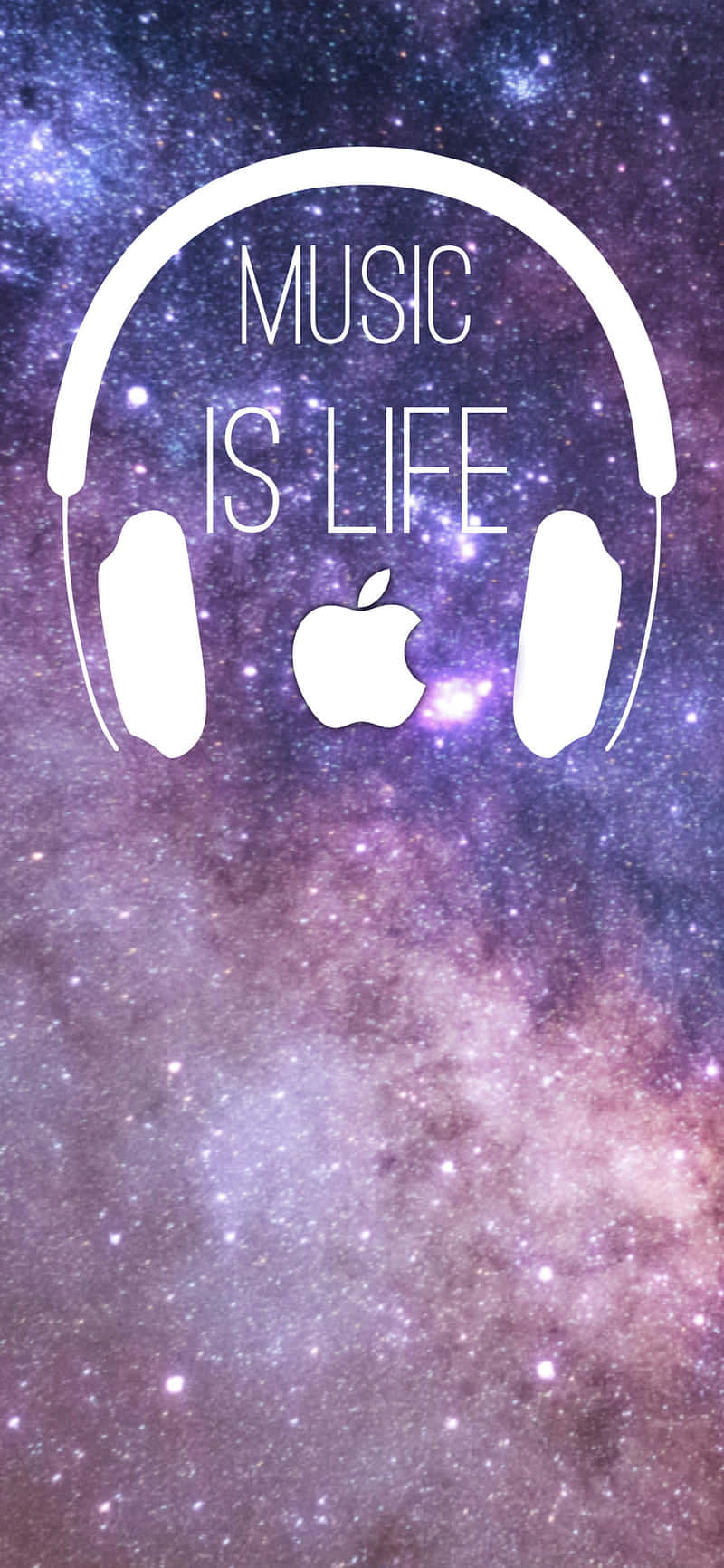 音樂 桌布 壁紙 — 帶有Apple標誌和文字music is life的白色耳機漂浮在充滿活力的紫色和藍色星空銀河背景上。
