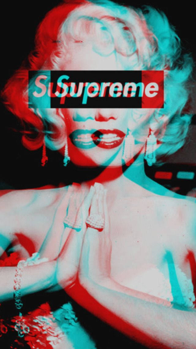 supreme aesthetic 桌布 壁紙 — 帶有Supreme標誌重疊的瑪麗蓮夢露紅色和青色故障濾鏡肖像。