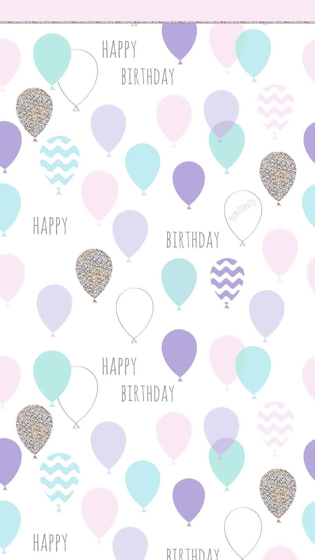 帶有亮粉和V形圖案的粉彩氣球以散落的文字慶祝生日。 — 生日快樂 GIF 壁紙