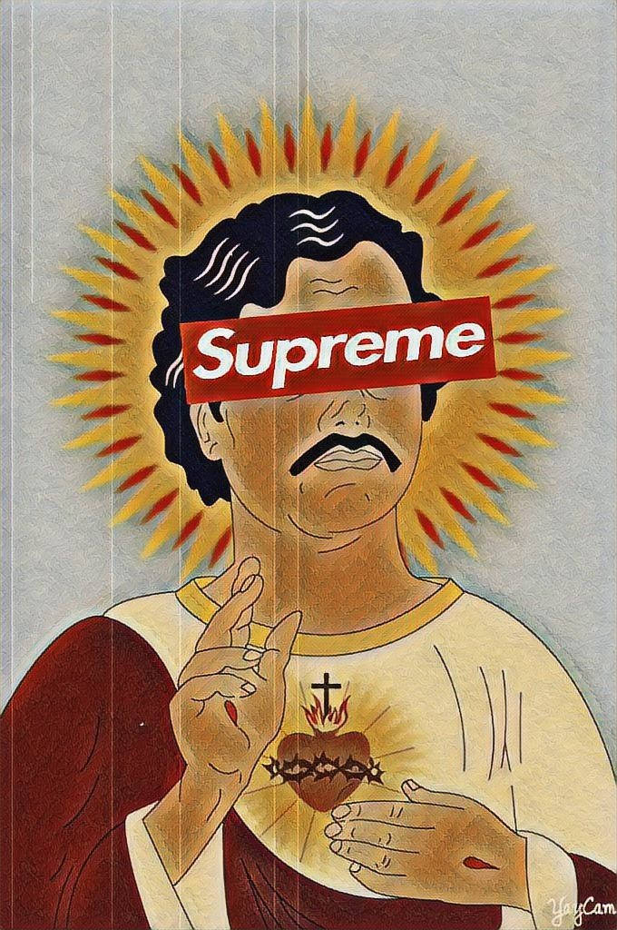 Pablo 桌布 壁紙 — 帶有光環和聖心的插圖宗教人物，被紅色Supreme標誌遮蓋。