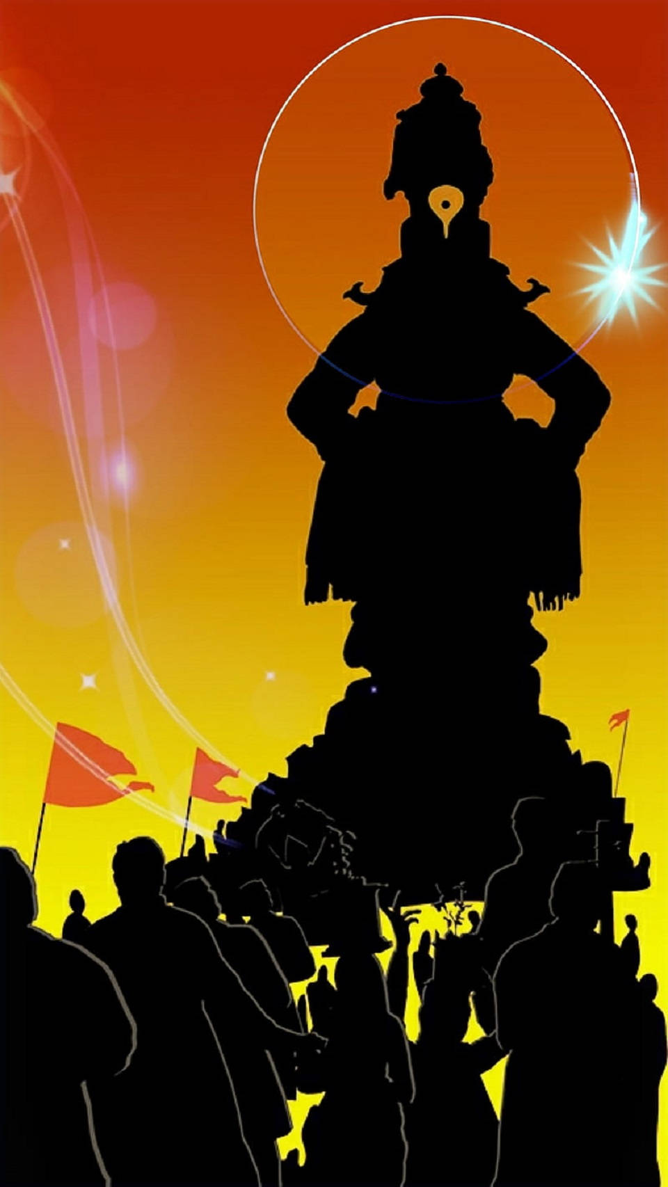 Illustration Art 桌布 壁紙 — 帶有光環的神明剪影雕像矗立在基座上，信徒們聚集在下方，背景是火紅的橙色和黃色日落天空。