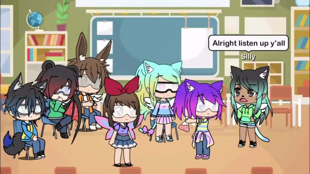 Gacha Life Funny 桌布 壁紙 — 帶有動物耳朵和翅膀的Q版動漫角色坐在教室裡，一個女孩正在對群體說話。