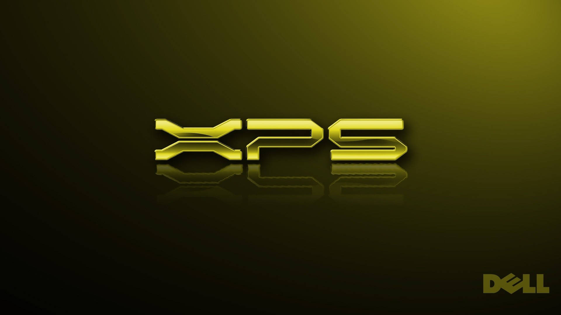 戴爾 HD 桌布 壁紙 — 帶有反射效果的光澤金色XPS標誌，置於帶有微妙Dell浮水印的漸變深黃色背景上。