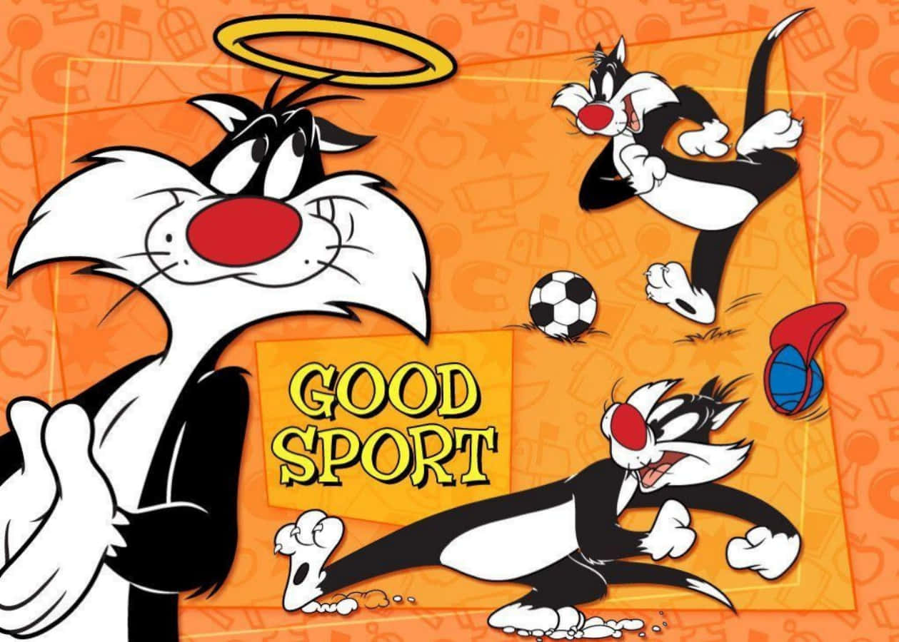 Sylvester The Cat 桌布 壁紙 — 帶有天使光環的貓咪 Sylvester 豎起大拇指，卡通貓咪在橙色背景上踢足球和打籃球。