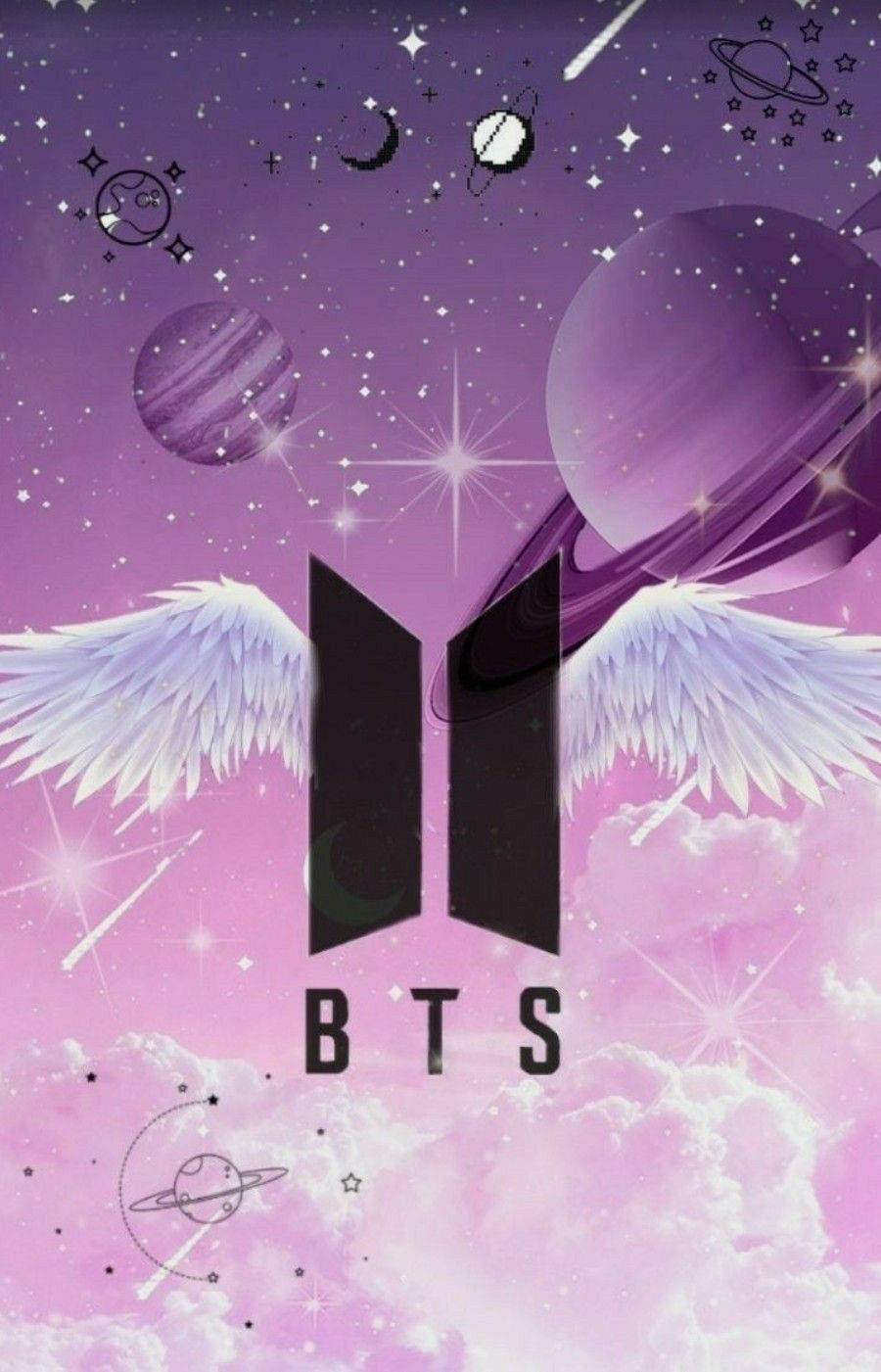 帶有天使翅膀的BTS標誌，背景為紫色星空。 — BTS 防彈少年團 粉絲 女孩 GIF 壁紙