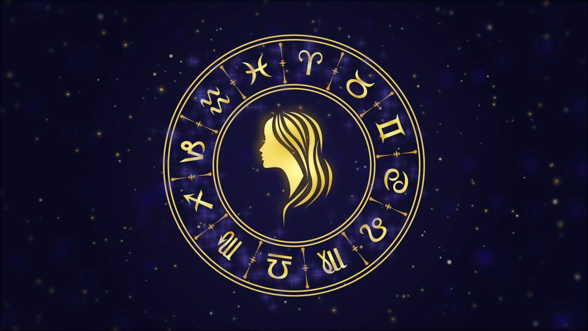 zodiac 桌布 壁紙 — 帶有天秤座符號的金色黃道輪在繁星點點的夜空背景下發光。