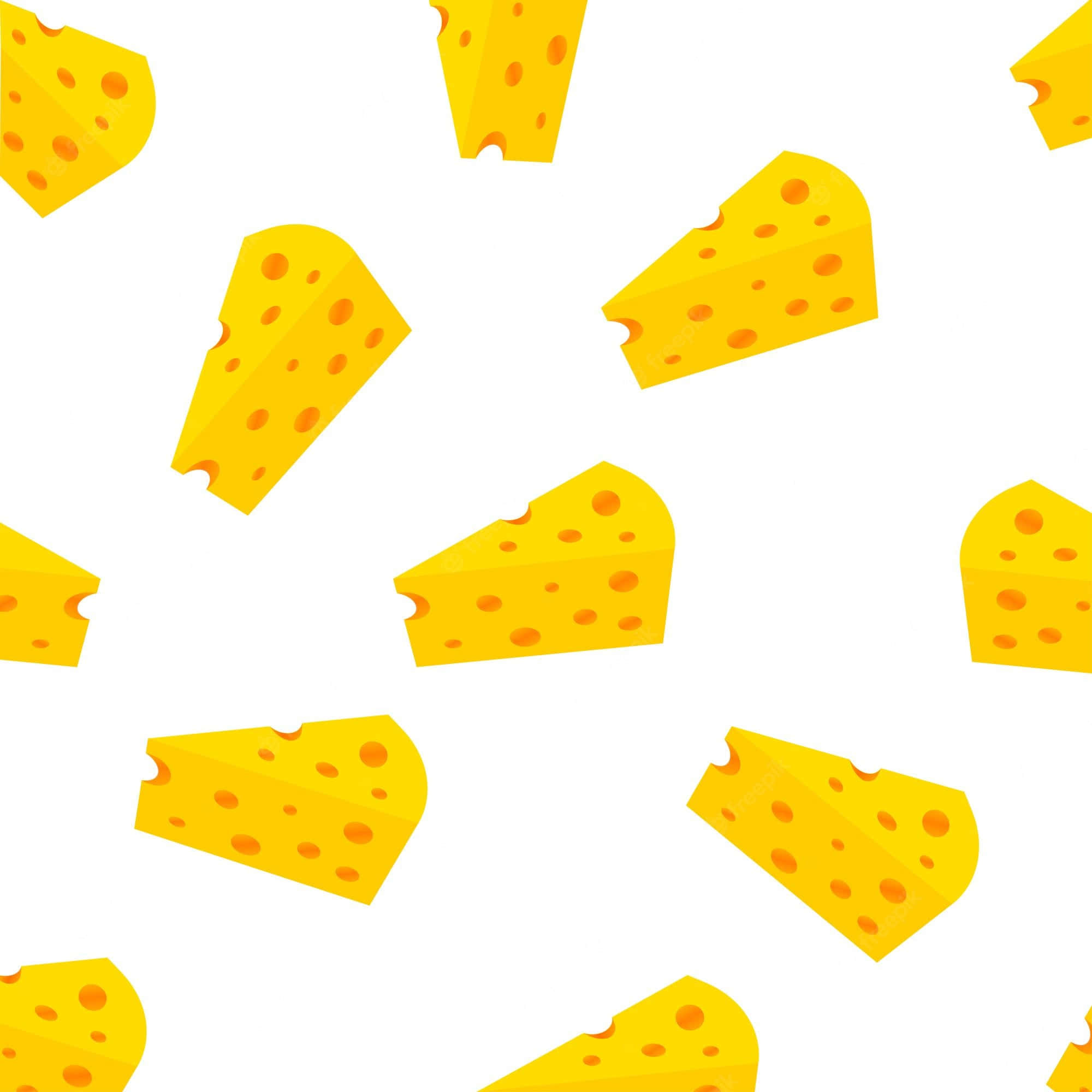 Cheese 桌布 壁紙 — 帶有孔洞的亮黃色起司楔塊漂浮在乾淨的白色無縫圖案中。
