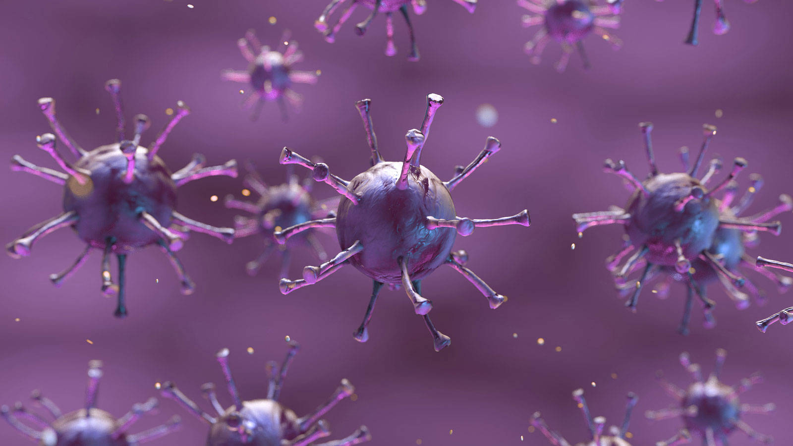 Coronavirus 桌布 壁紙 — 帶有尖刺突起的浮動病毒粒子在朦朧的紫色背景中飄移。