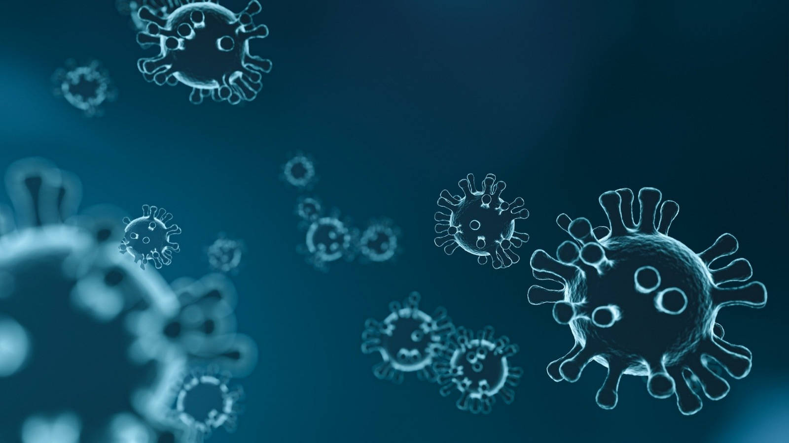 Coronavirus 桌布 壁紙 — 帶有尖刺表面的浮動病毒顆粒在深藍色醫療背景中漂浮。