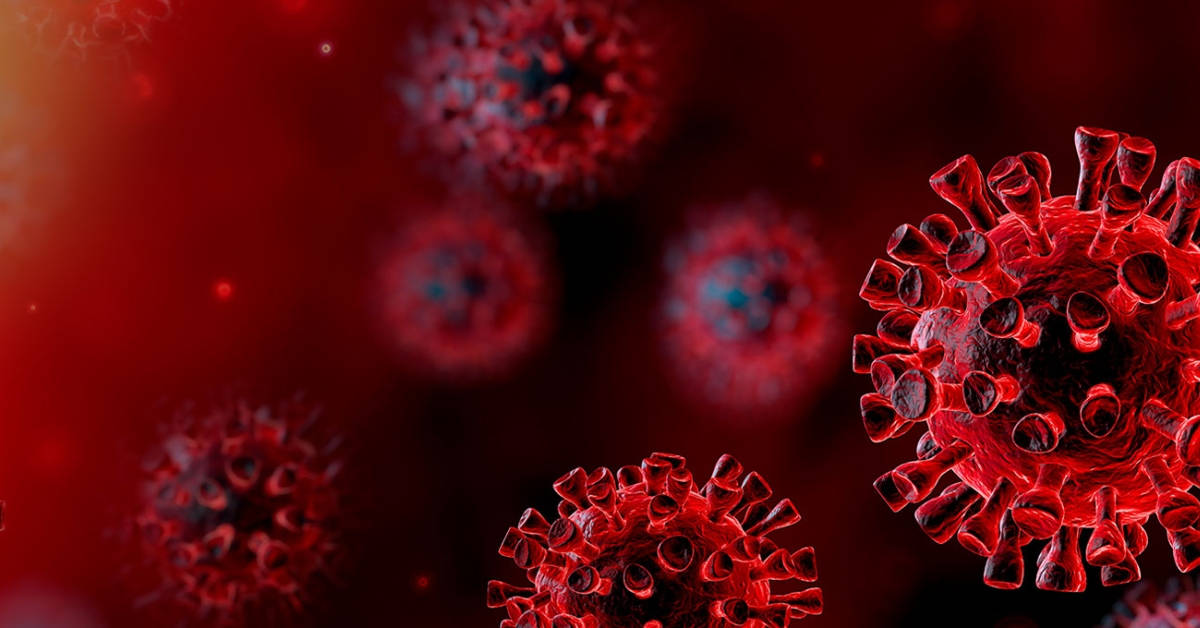 Coronavirus 桌布 壁紙 — 帶有尖刺表面的鮮紅色病毒顆粒在深紅色漸變背景上漂浮。