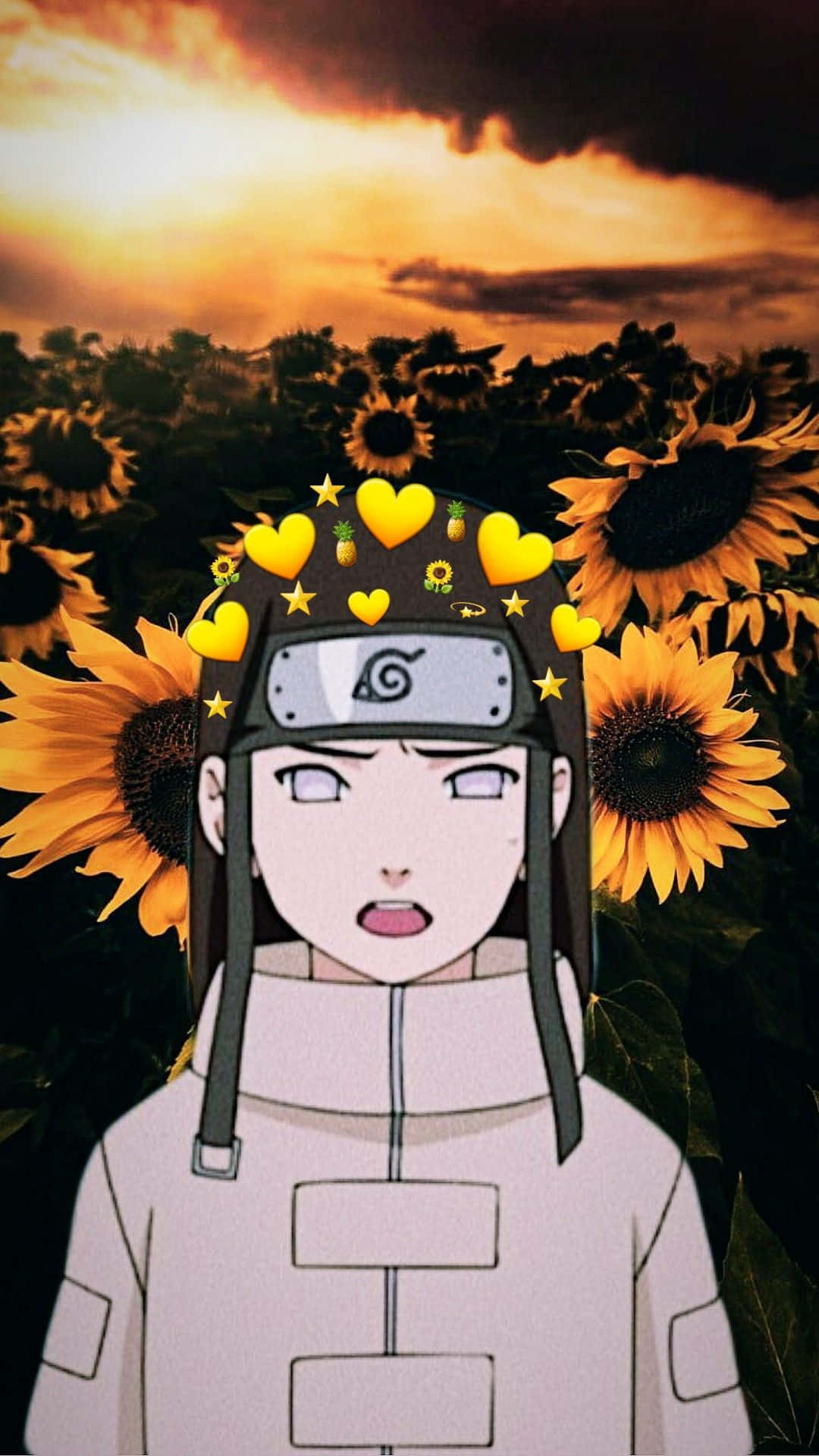 Neji Hyuga 桌布 壁紙 — 帶有心形表情符號的動漫角色站在向日葵田中，背景是戲劇性的日落天空。