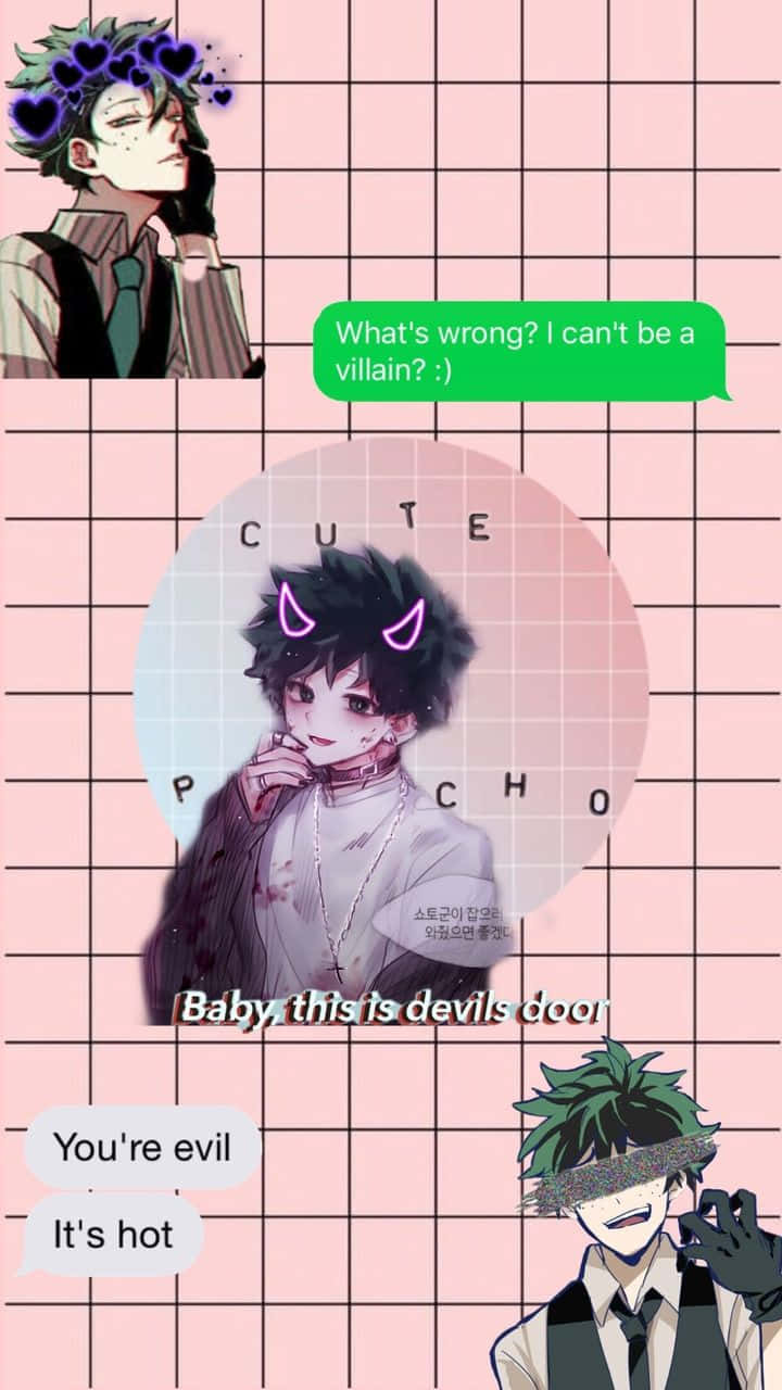 Aesthetic Deku 桌布 壁紙 — 帶有惡魔角和心形圖案的動漫角色，背景為粉紅色網格和對話氣泡。