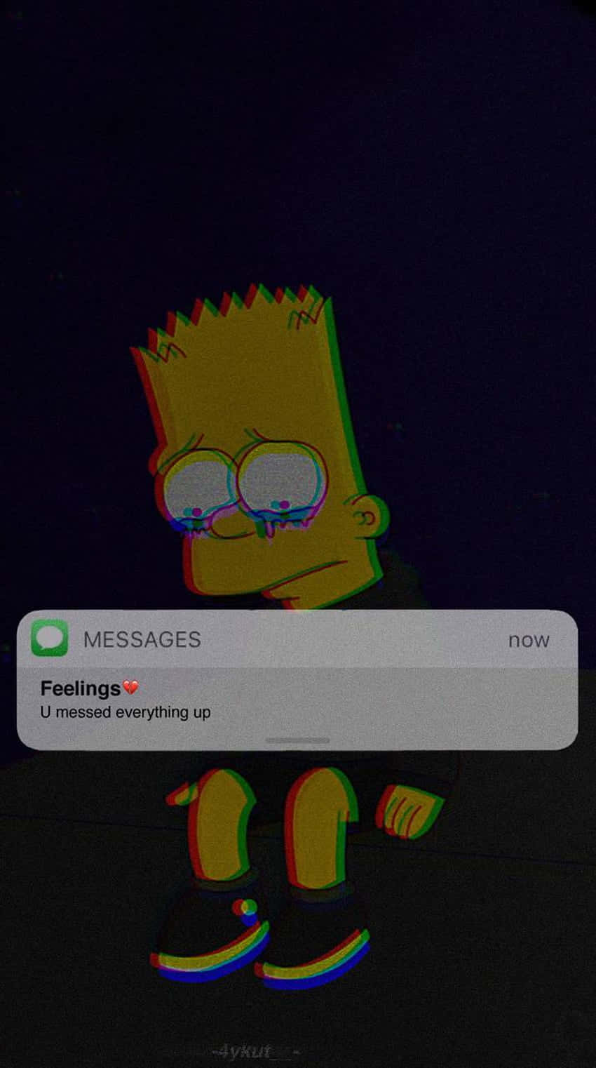 Bart Simpson Aesthetic 桌布 壁紙 — 帶有故障彩虹邊緣的巴特·辛普森在寫著「U messed everything up」的文字訊息後面顯得很傷心。