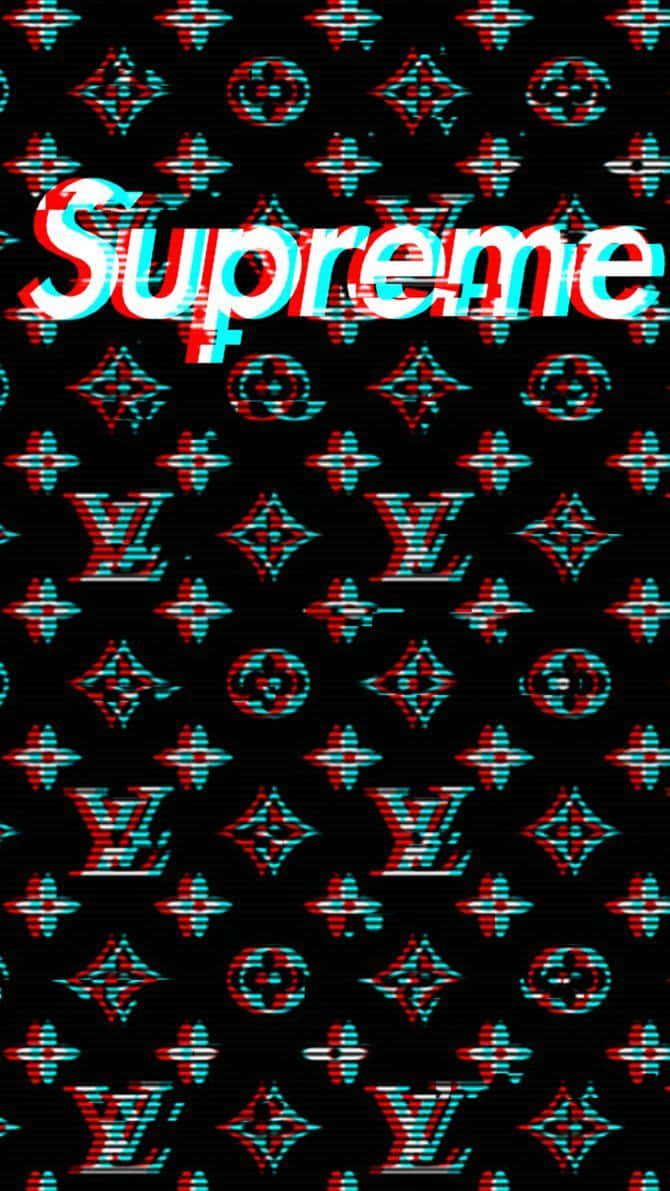 路易威登 桌布 壁紙 — 帶有故障效果的Supreme標誌重疊在黑色背景上重複的紅色和青色路易威登字母組合圖案。