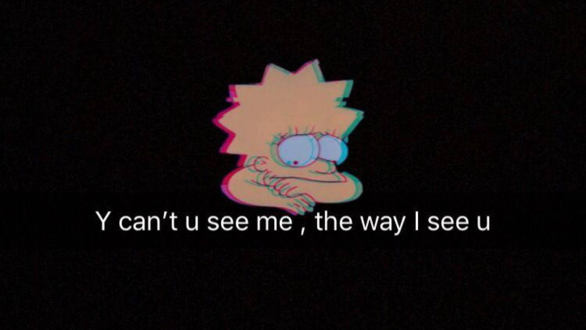 Sad Simpsons 桌布 壁紙 — 帶有故障效果的麗莎·辛普森卡通角色，黑色背景上覆蓋文字。