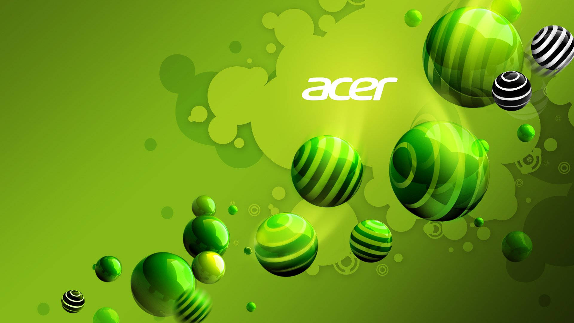 在綠色漸變背景上，帶有 Acer 標誌的漂浮綠色和黑色條紋球體。 — 綠色美學 GIF 壁紙
