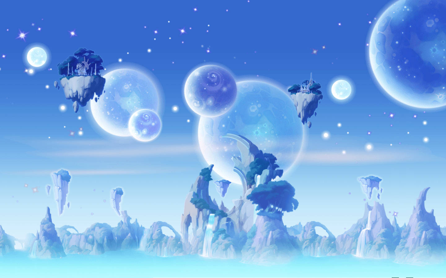 game 桌布 壁紙 — 帶有樹木的浮島在發光的月亮和星星之間漂流，在寧靜的藍色外星天空中。