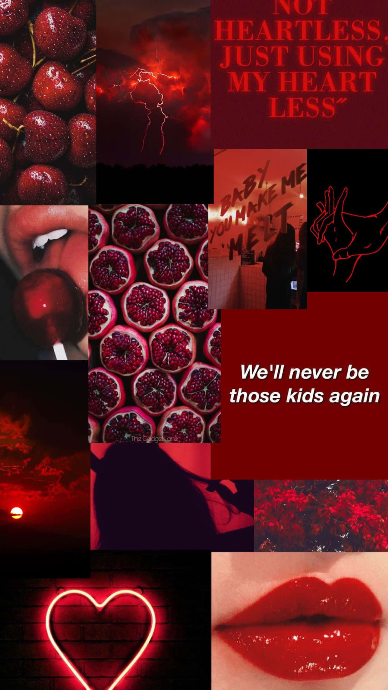 Red Collage 桌布 壁紙 — 帶有櫻桃、石榴、嘴唇、霓虹心形和文字引用的陰沉紅色調拼貼畫，風格粗獷。