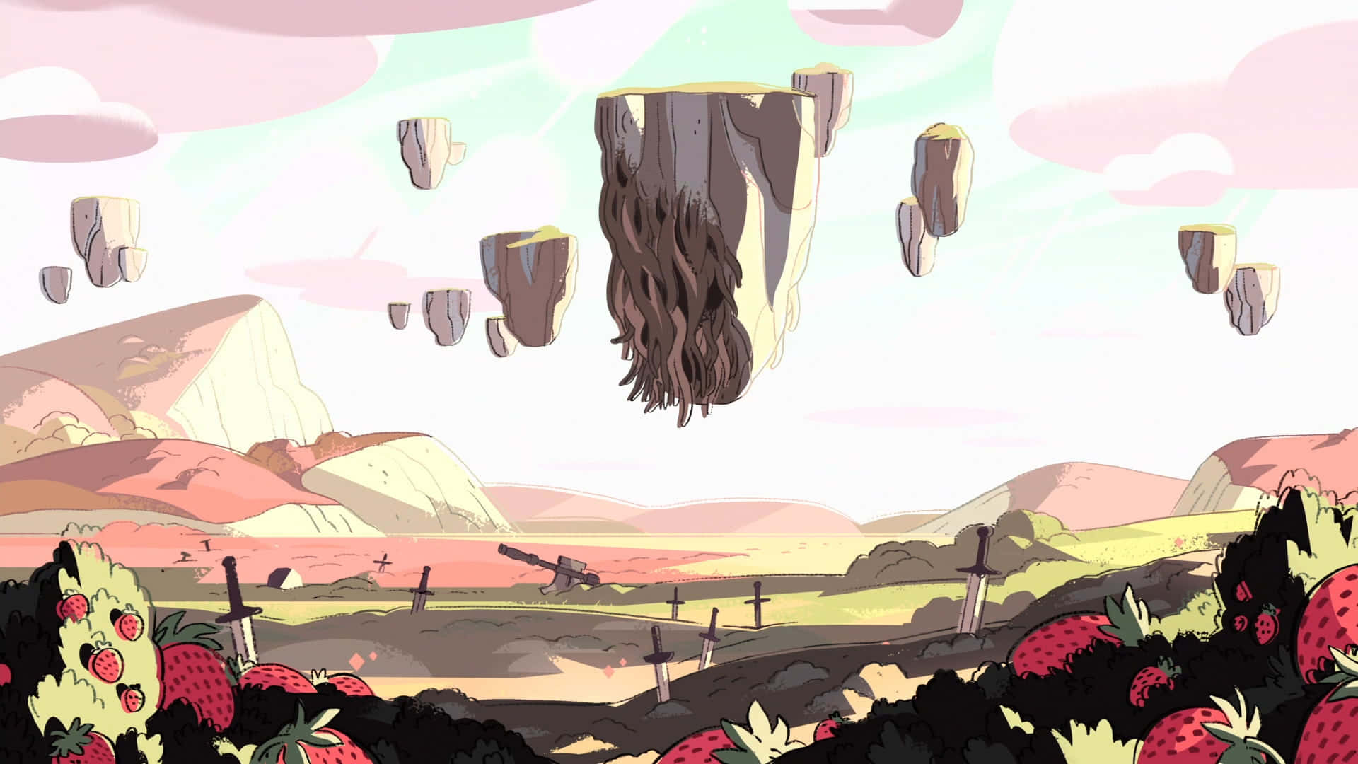 漂浮島嶼 桌布 壁紙 — 帶有毛髮質感的浮石層在粉彩天空下的草莓田上方飄浮。