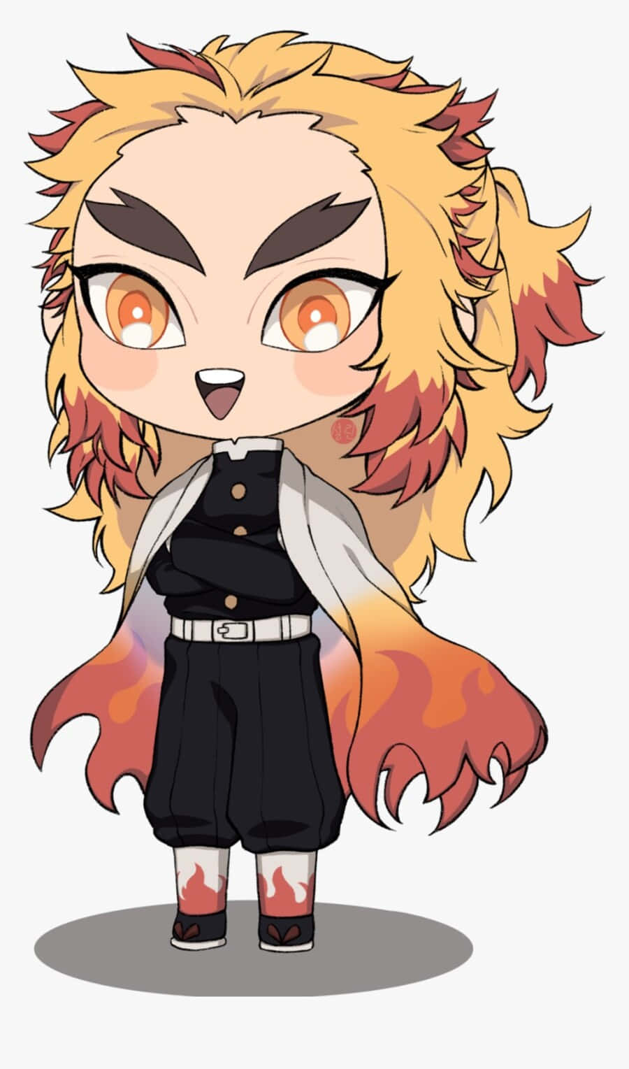 Rengoku Chibi 桌布 壁紙 — 帶有火焰橙色頭髮和銳利眼神的Q版動漫角色，穿著帶有火焰裝飾的黑色服裝。