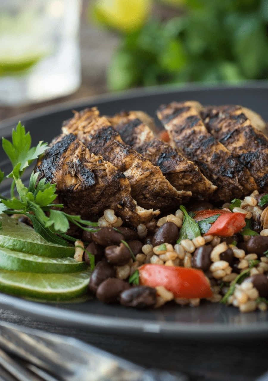 Blackened Chicken 桌布 壁紙 — 帶有烤痕的烤雞放在米飯、黑豆和新鮮番茄上，並以萊姆片和歐芹裝飾。