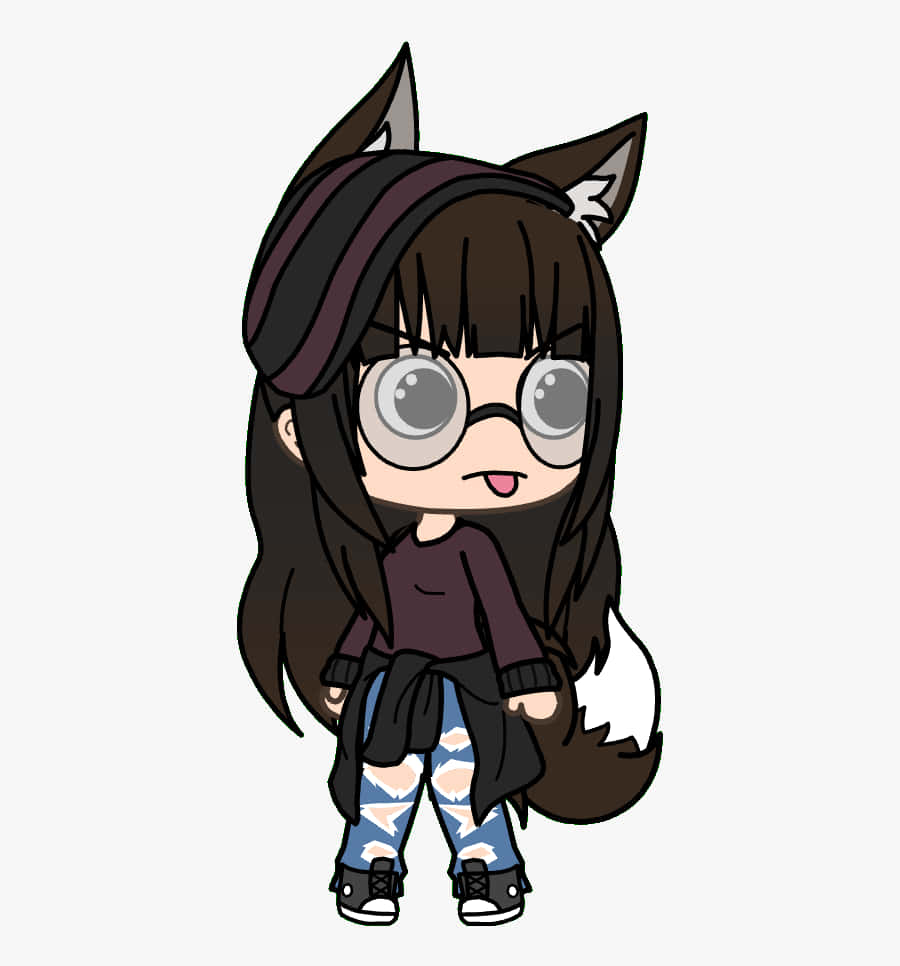 桌布 壁紙 — 帶有狐狸耳朵、眼鏡和尾巴的Q版動漫女孩，穿著破洞牛仔褲和連帽衫。