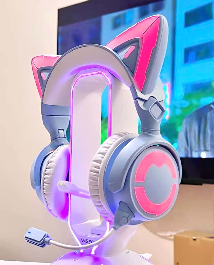 Gaming Accessories 桌布 壁紙 — 帶有發光粉紅色貓耳和紫色LED燈的遊戲耳機，放在支架上，前面是亮著的螢幕。