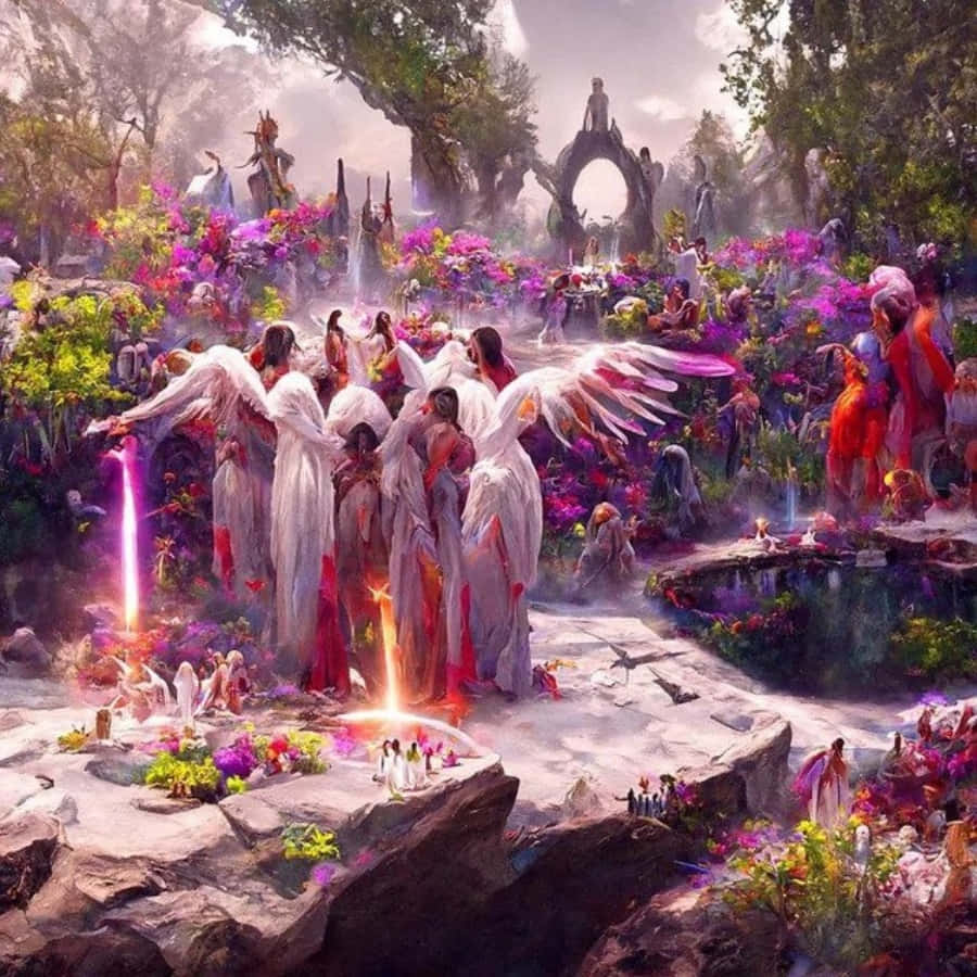 Angels Of God 桌布 壁紙 — 帶有發光翅膀的天使般身影聚集在一個充滿鮮豔花朵和空靈光線的神秘花園中。