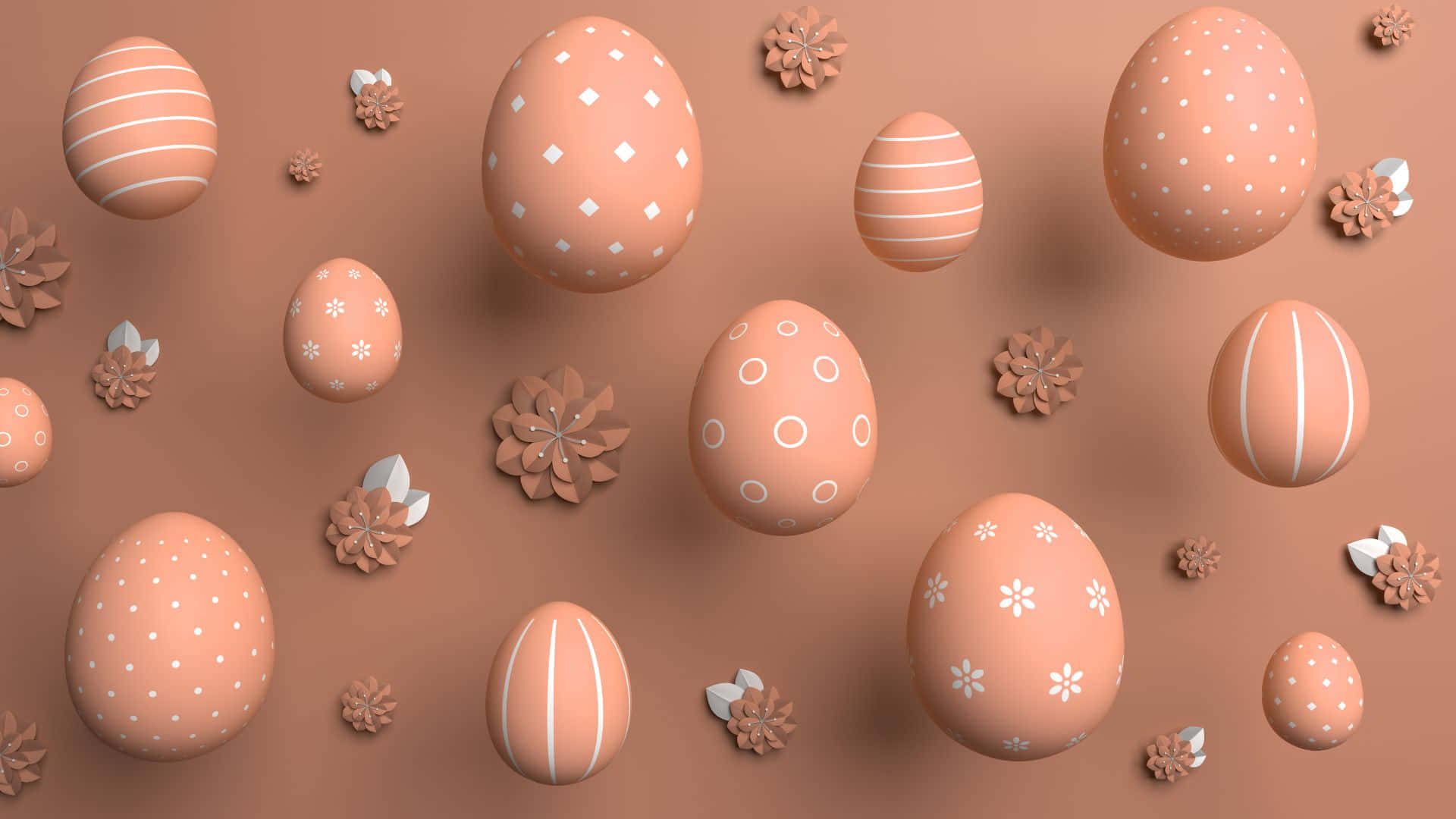 Easter Egg 桌布 壁紙 — 帶有白色圖案的柔和蜜桃色復活蛋在溫暖的棕色背景上，於紙花之間輕輕漂浮。