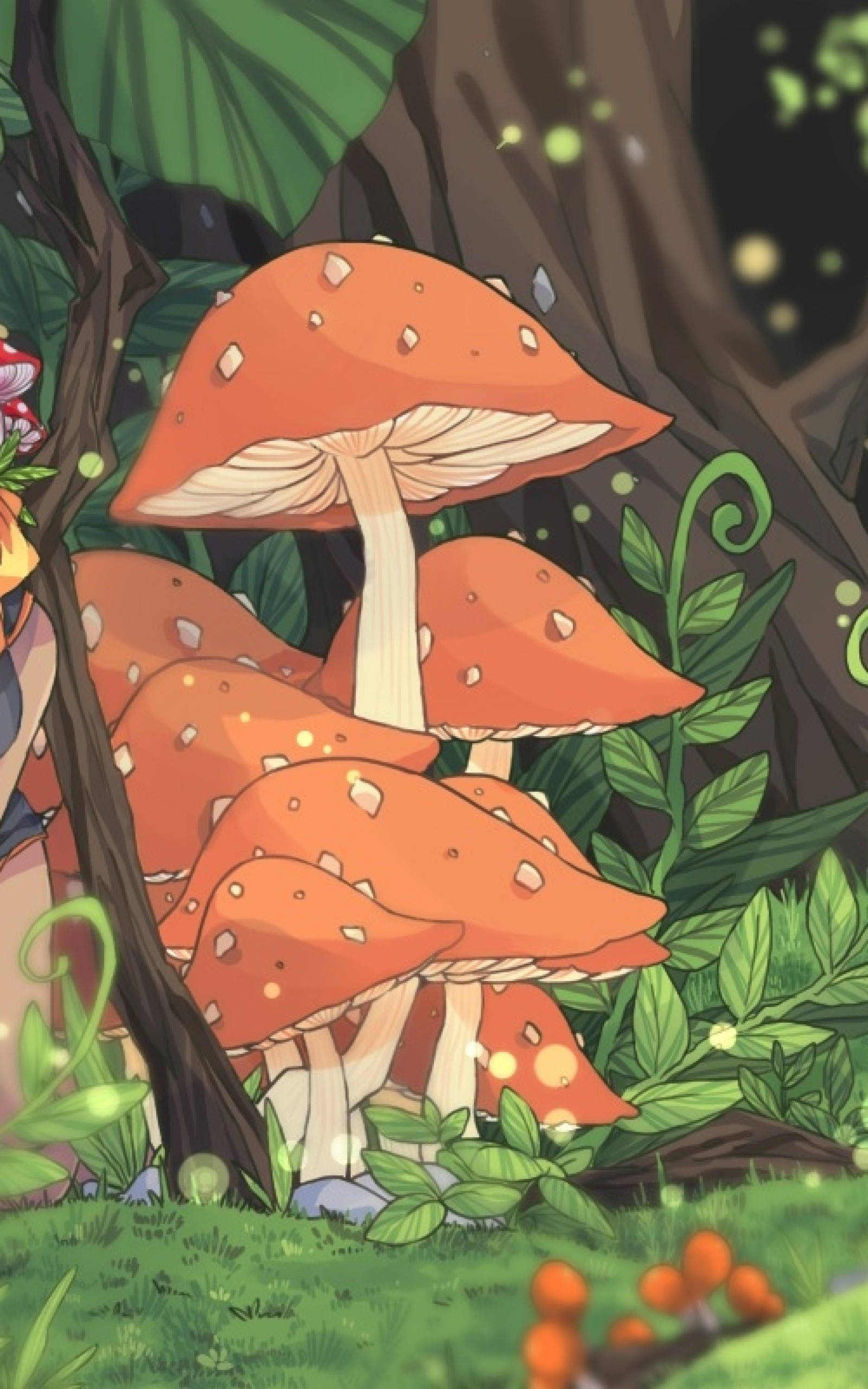 Mushroom Aesthetic 桌布 壁紙 — 帶有白色斑點的鮮豔橙色蘑菇在長滿苔蘚的森林空地中茂盛生長，閃爍著柔和的小精靈燈光。