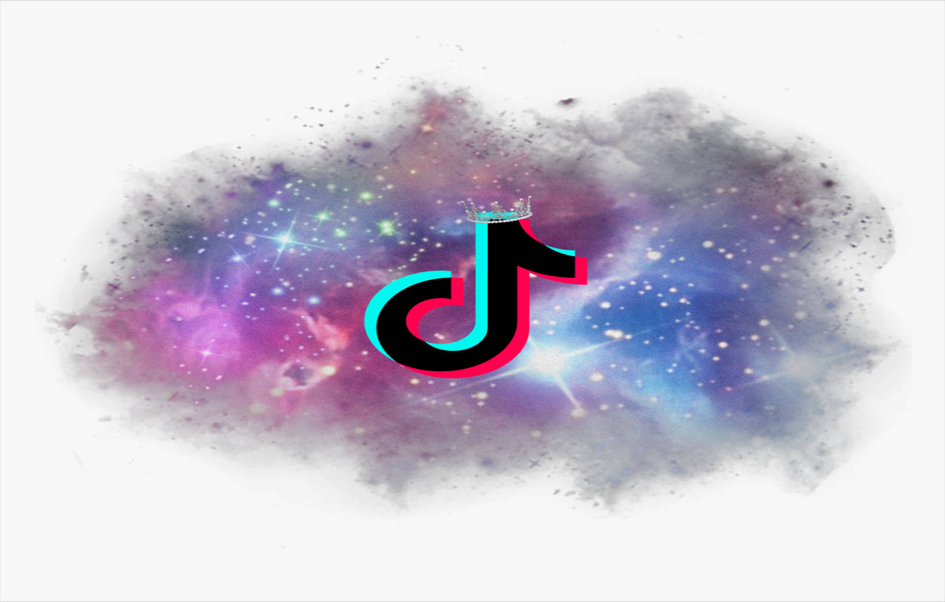 TikTok 動圖 桌布 壁紙 — 帶有皇冠的TikTok標誌漂浮在充滿紫色、藍色和粉紅色星星的鮮豔宇宙星雲中。