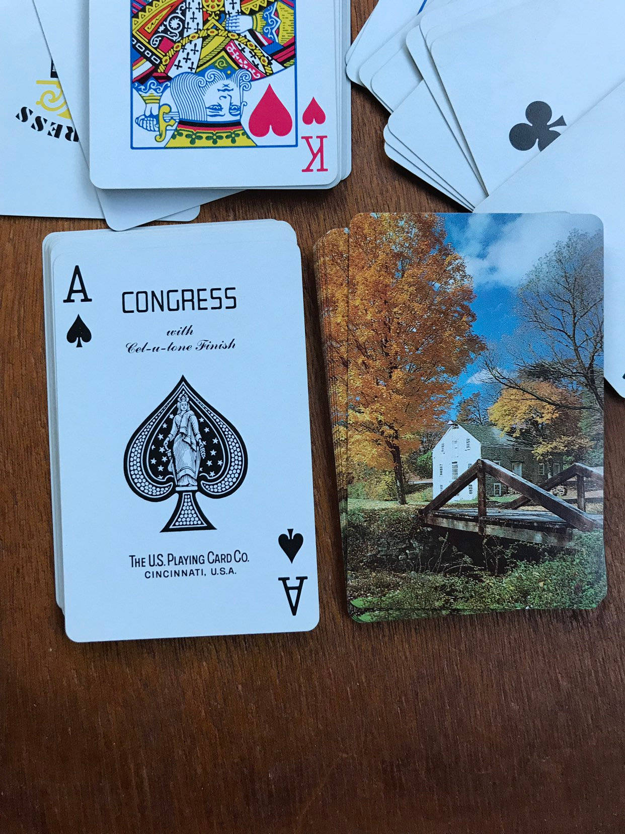 Playing Cards 桌布 壁紙 — 帶有秋日風景和政治諷刺設計的撲克牌放在木桌上。