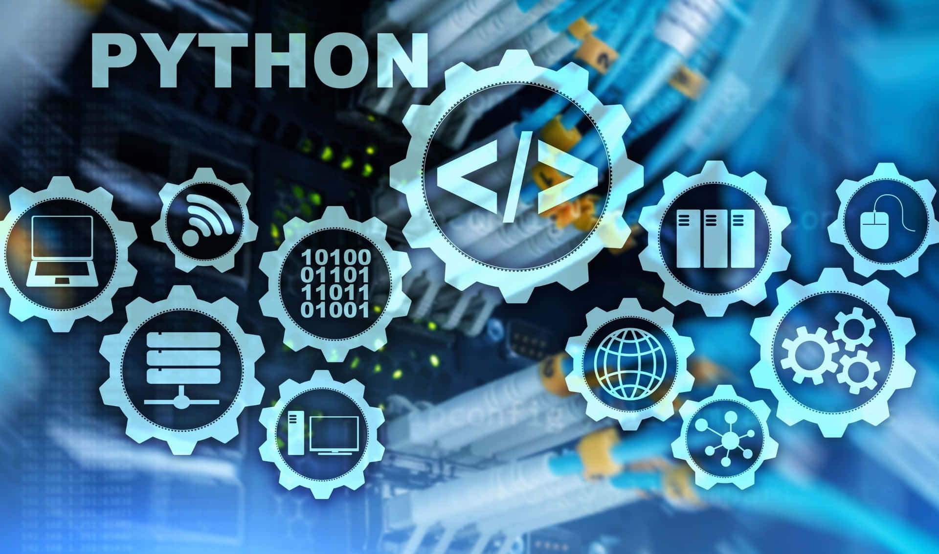 伺服器硬體上齒輪中的 Python 程式設計符號。 — Valorant Logo 壁紙