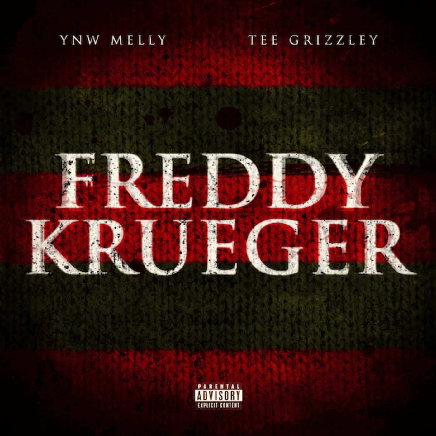 Freddy Krueger 桌布 壁紙 — 帶有粗體白色文字的 Grungy 紅黑條紋背景，顯示 Freddy Krueger 和藝術家名字。