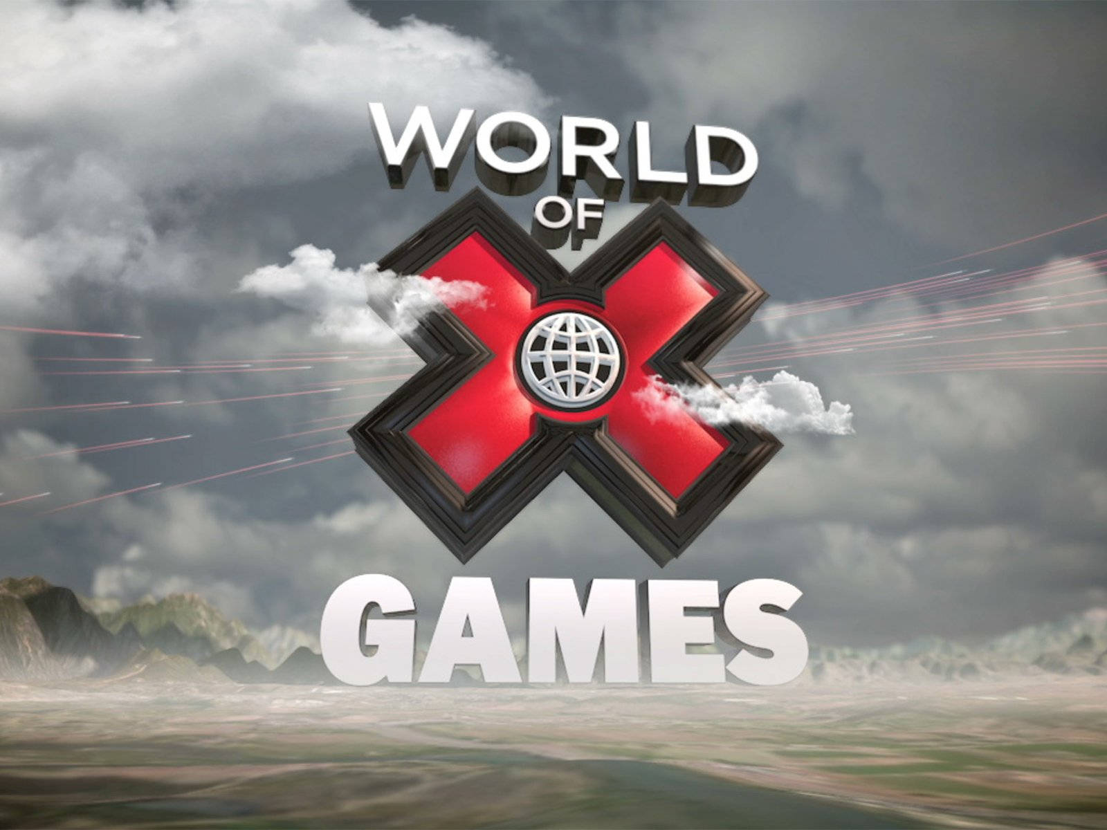 X 桌布 壁紙 — 帶有紅色X和地球的World of X Games標誌在暴風雲下的山區景觀上方漂浮。