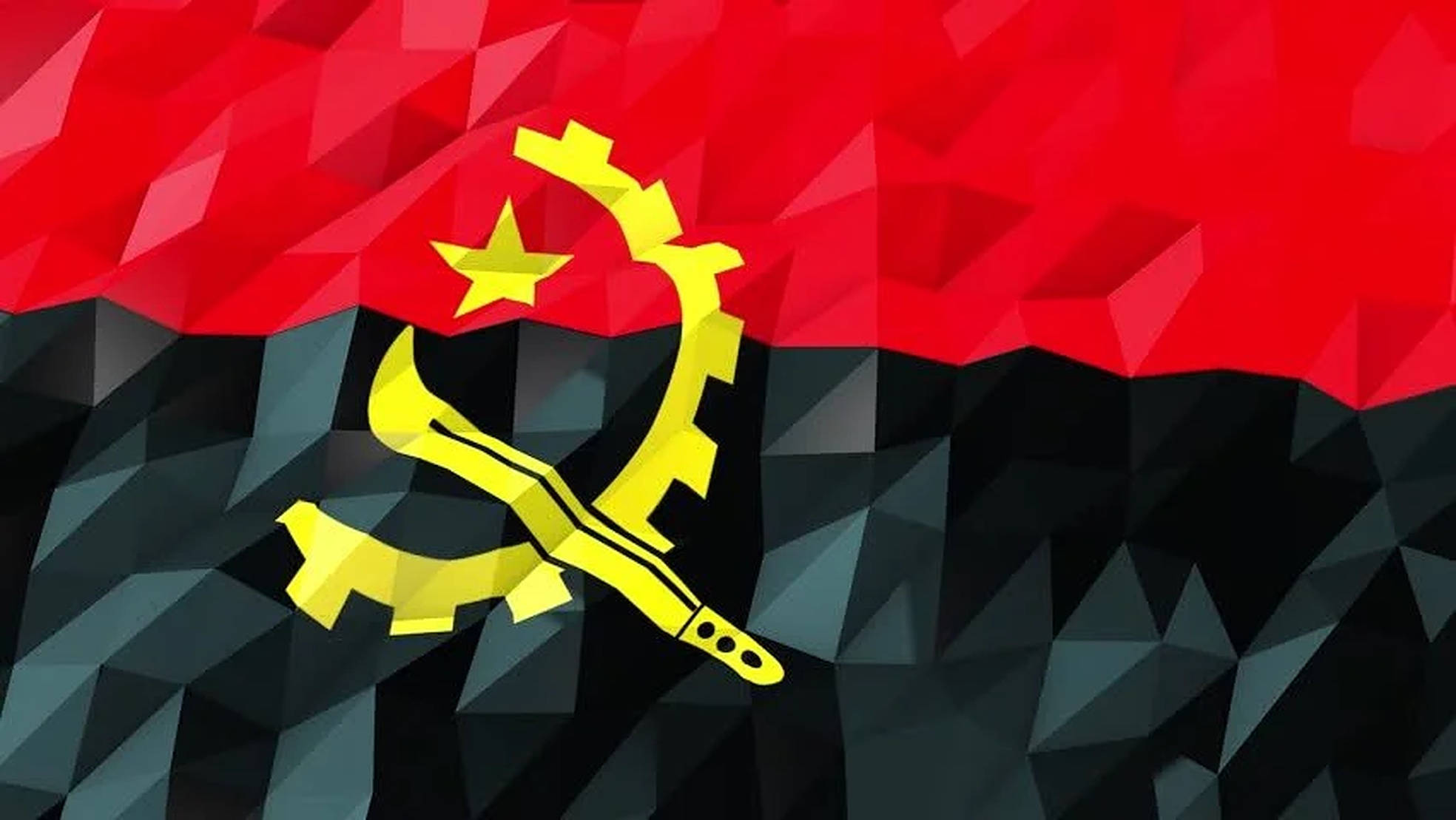 Angola 桌布 壁紙 — 帶有紅色和黑色幾何切面以及黃色錘子、鐮刀和星星標誌的風格化安哥拉國旗。