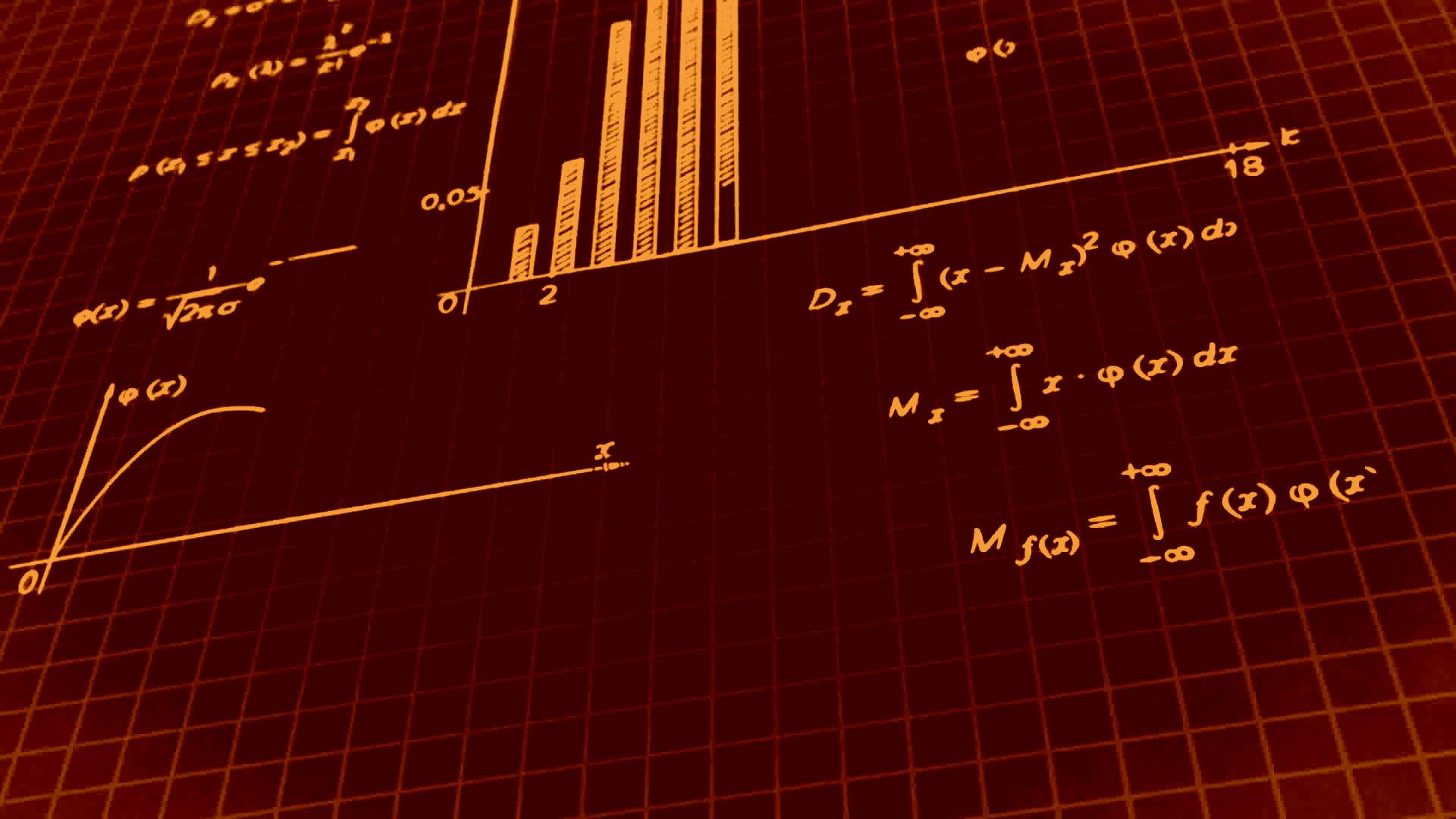 Numbers 桌布 壁紙 — 帶有紅色調的網格背景，充滿了溫暖橙色調的發光數學方程式和圖表。