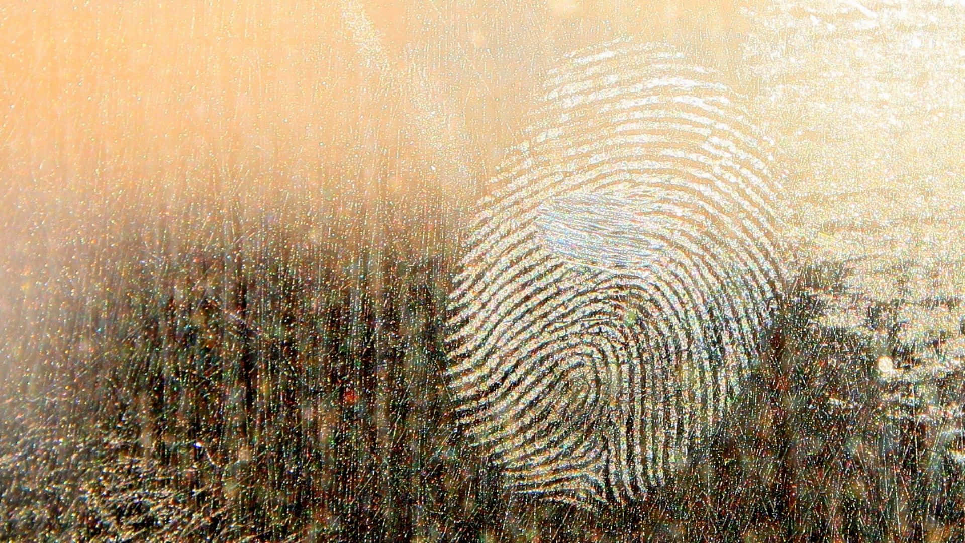 Fingerprint 桌布 壁紙 — 帶有紋理的指紋圖案覆蓋在模糊的自然場景上，呈現溫暖的金色和深沉的土色調。