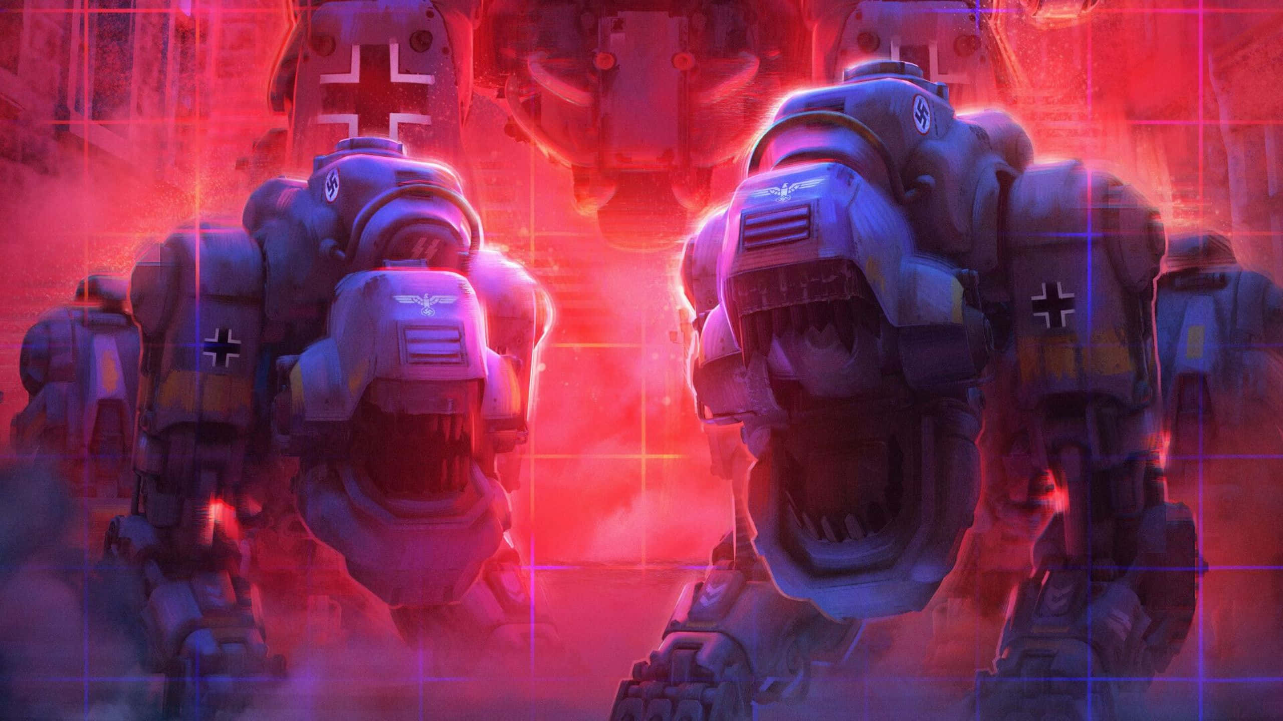 Wolfenstein Ii 桌布 壁紙 — 帶有納粹標誌的巨型戰爭機器，在紅色燈光、網格圖案的戰場迷霧中威嚇地矗立。
