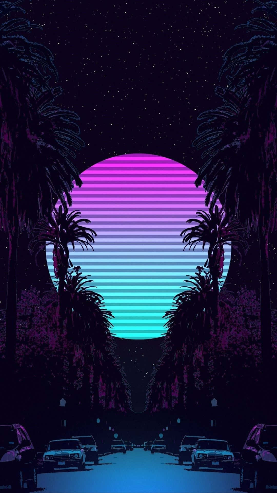 Vaporwave iPhone 桌布 壁紙 — 帶有紫色和青色條紋的霓虹日落，懸掛在棕櫚樹成蔭的街道和經典汽車上方，背景是繁星點點的夜空。