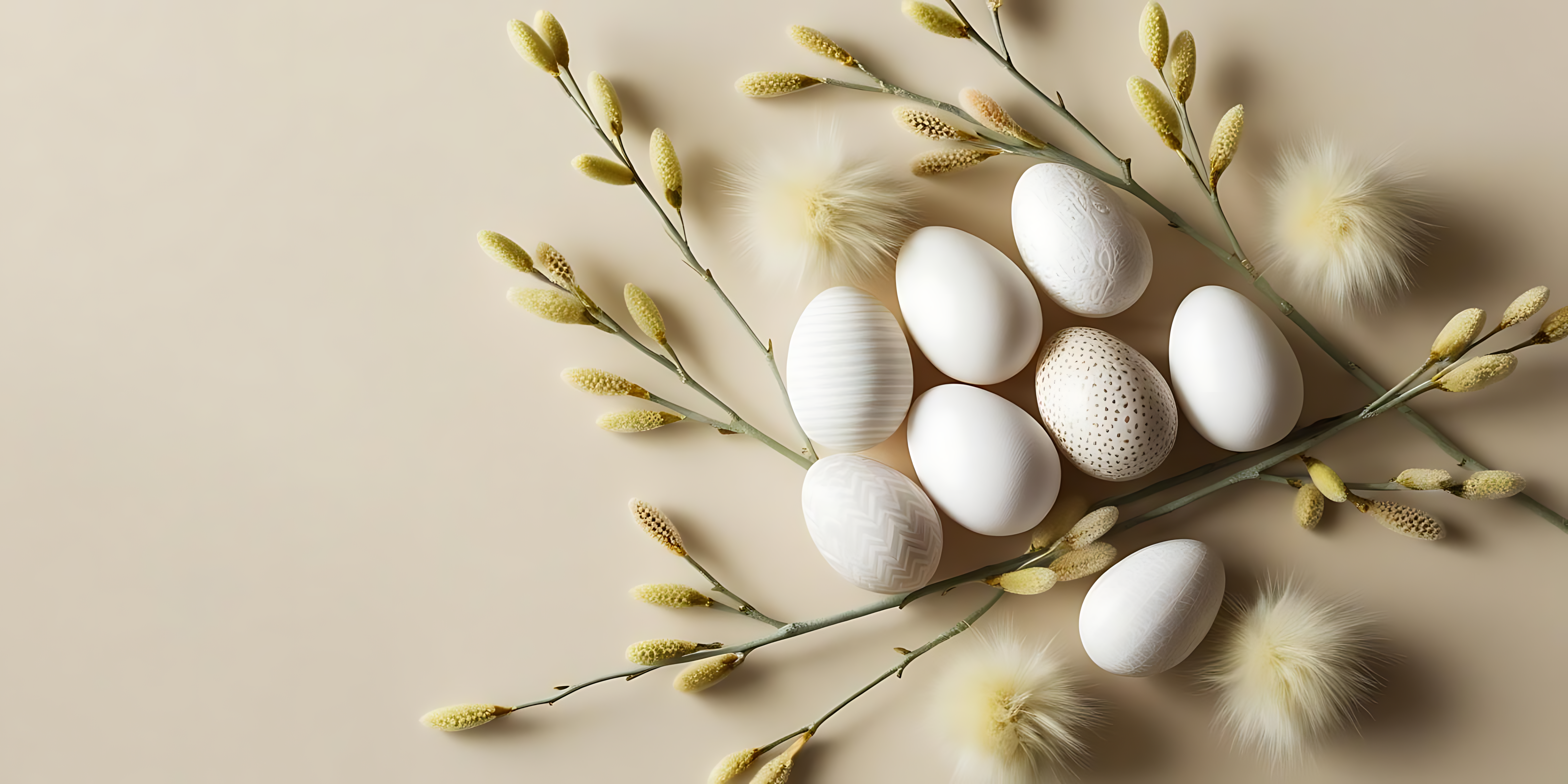 Eggs 桌布 壁紙 — 帶有細膩圖案的復活節蛋，依偎在柔軟的柳絮之間，背景是溫暖的米色。