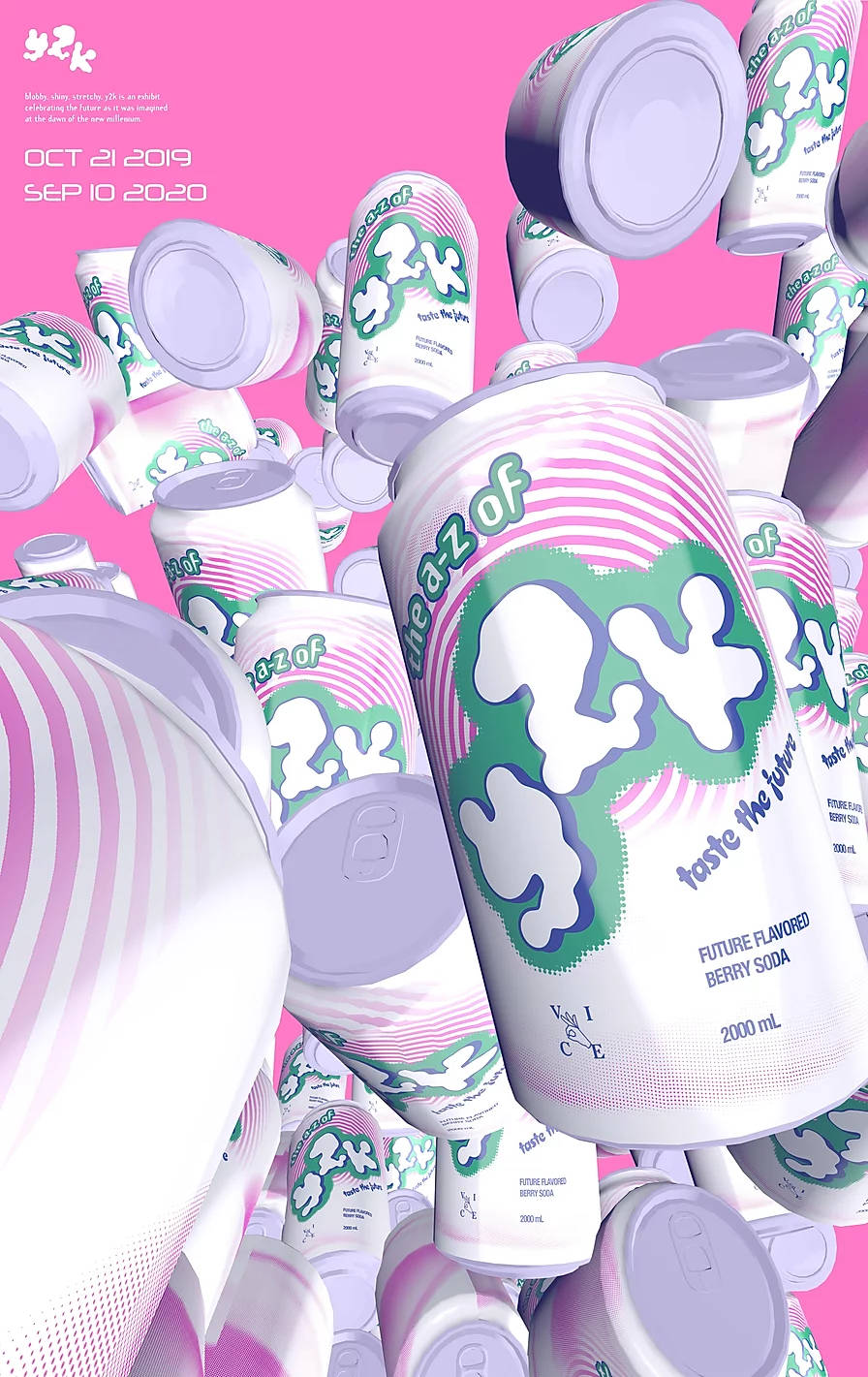 Y2K 桌布 壁紙 — 帶有綠色品牌的粉紅色和白色汽水罐在充滿活力的粉紅色背景上漂浮。