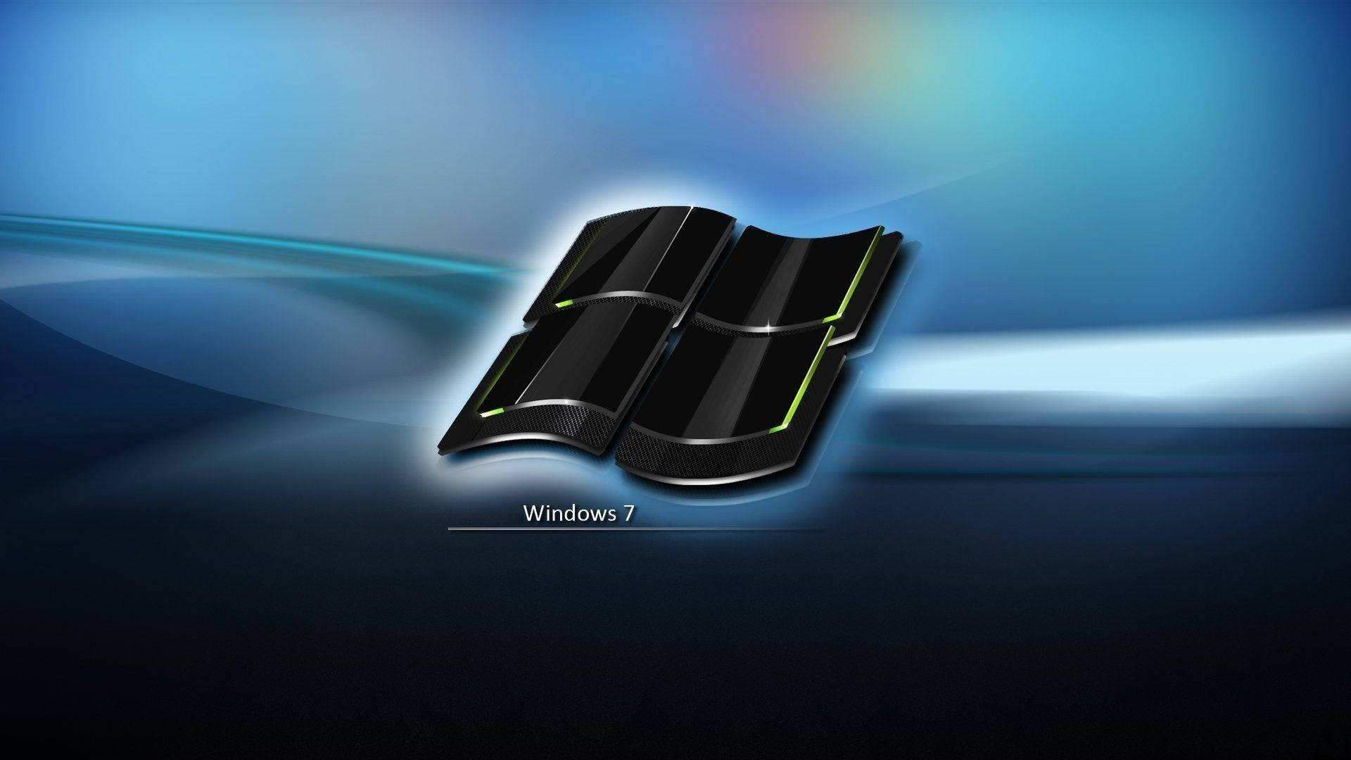 Windows 7 桌布 壁紙 — 帶有綠色點綴的閃亮黑色Windows 7標誌，居中於帶有淺色條紋的漸變藍色背景上。