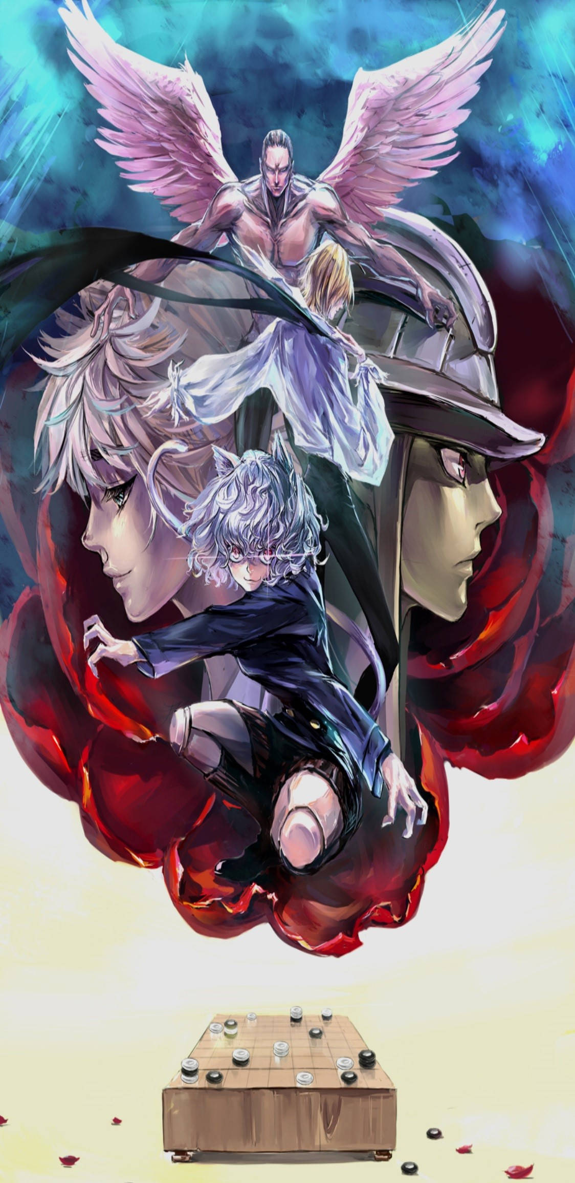 Hunter X Hunter iPhone 桌布 壁紙 — 帶有翅膀和貓耳的角色在旋轉的紅藍宇宙背景上，漂浮在圍棋棋盤上方。