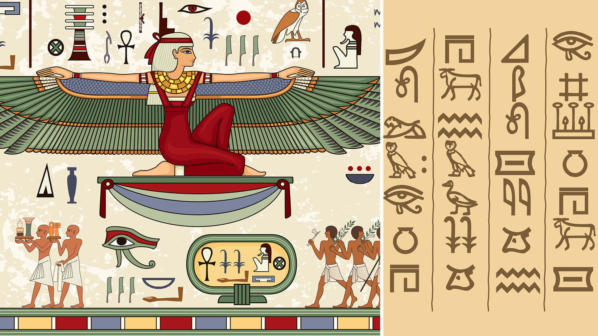 Ancient Egypt 桌布 壁紙 — 帶有翅膀和頭飾的古埃及神祇，被象形文字和儀式人物環繞的風格化藝術。