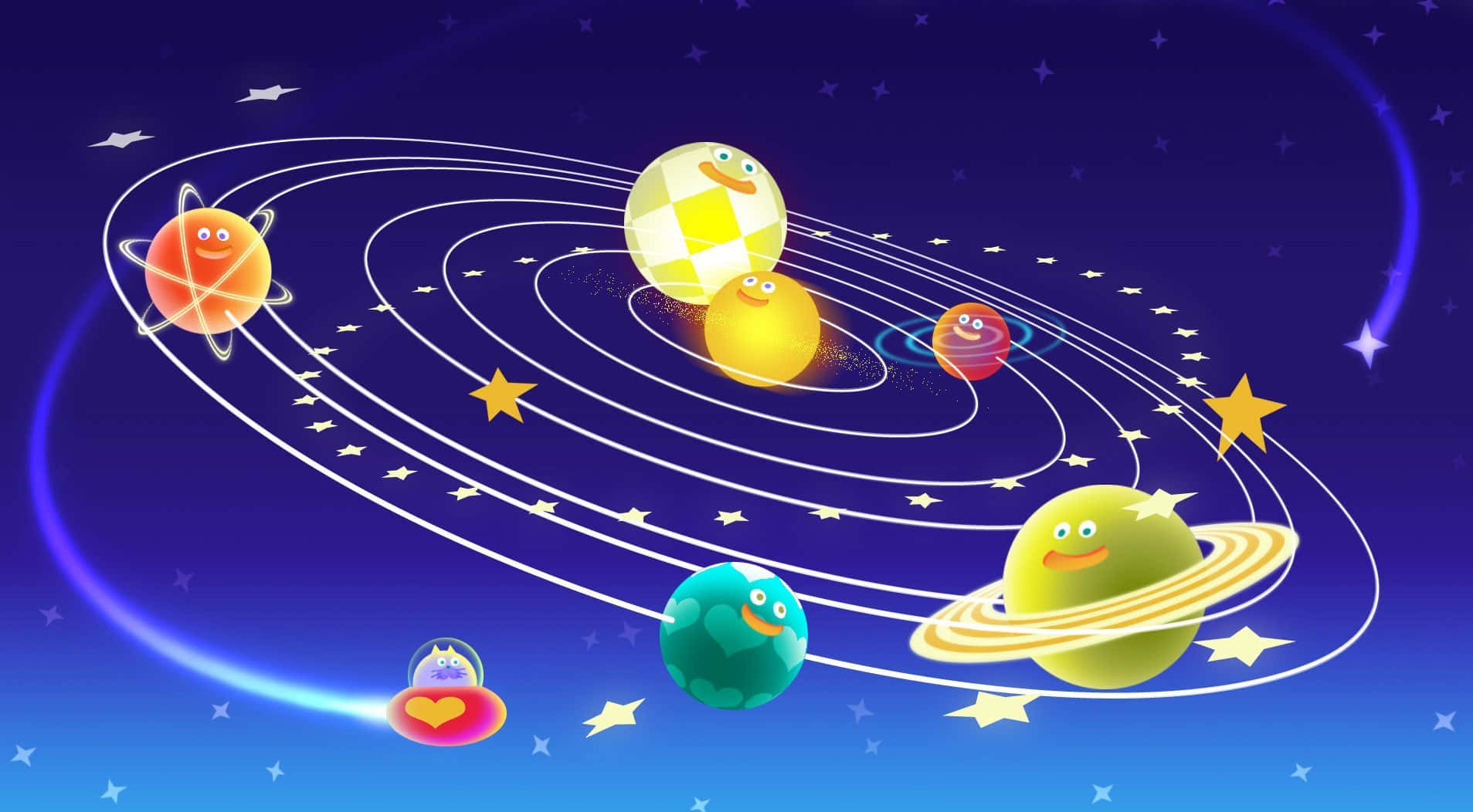 太陽系 桌布 壁紙 — 帶有臉孔的卡通行星在一個異想天開的動畫太陽系中繞著色彩繽紛的恆星運行。