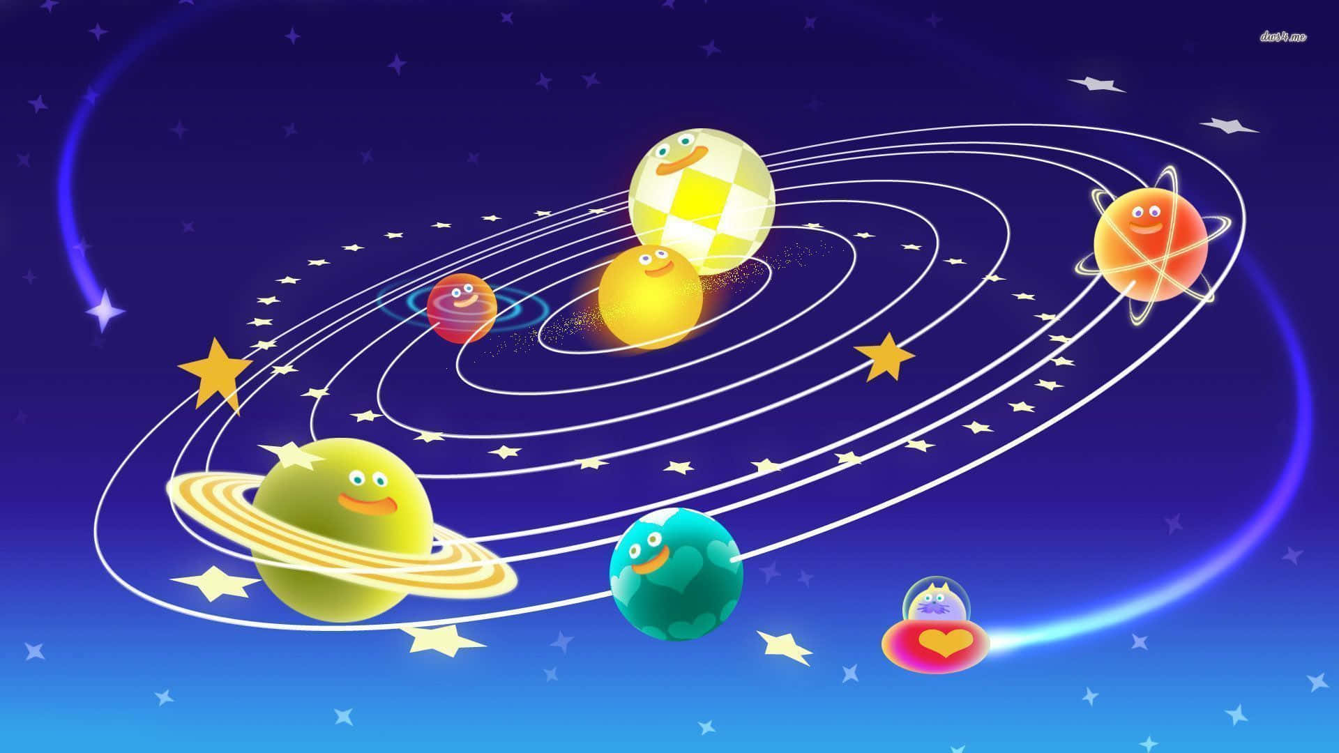 外太空 桌布 壁紙 — 帶有臉孔的卡通行星在充滿活力的宇宙場景中繞著色彩繽紛的恆星運行。