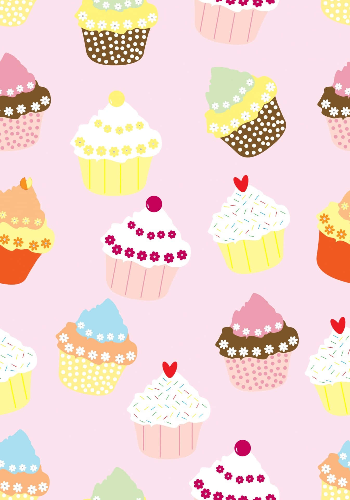 Cute Cupcake 桌布 壁紙 — 帶有花卉和糖粒裝飾的柔和色杯子蛋糕，在柔和的粉紅色背景上重複形成歡快的圖案。